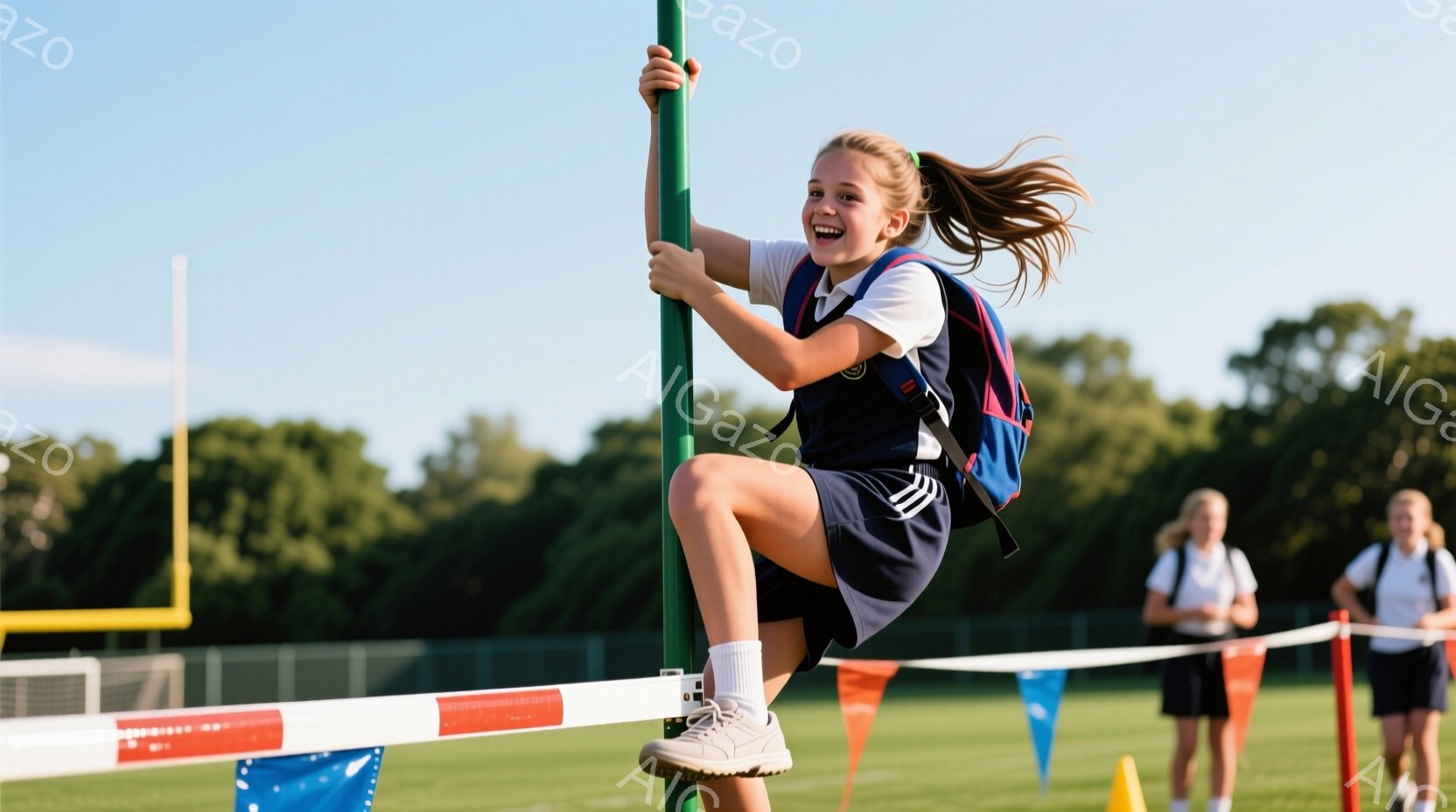 女子は緑色のポールに片足を乗せ、ジャンプしている様子が写っている。紺色のスカートと白いシャツを着ており、リュックサックを背負っている。背景には、他の生徒や運動場、そして晴れた空と緑豊かな木々が見え、活気に満ちた運動会の雰囲気が漂っている。