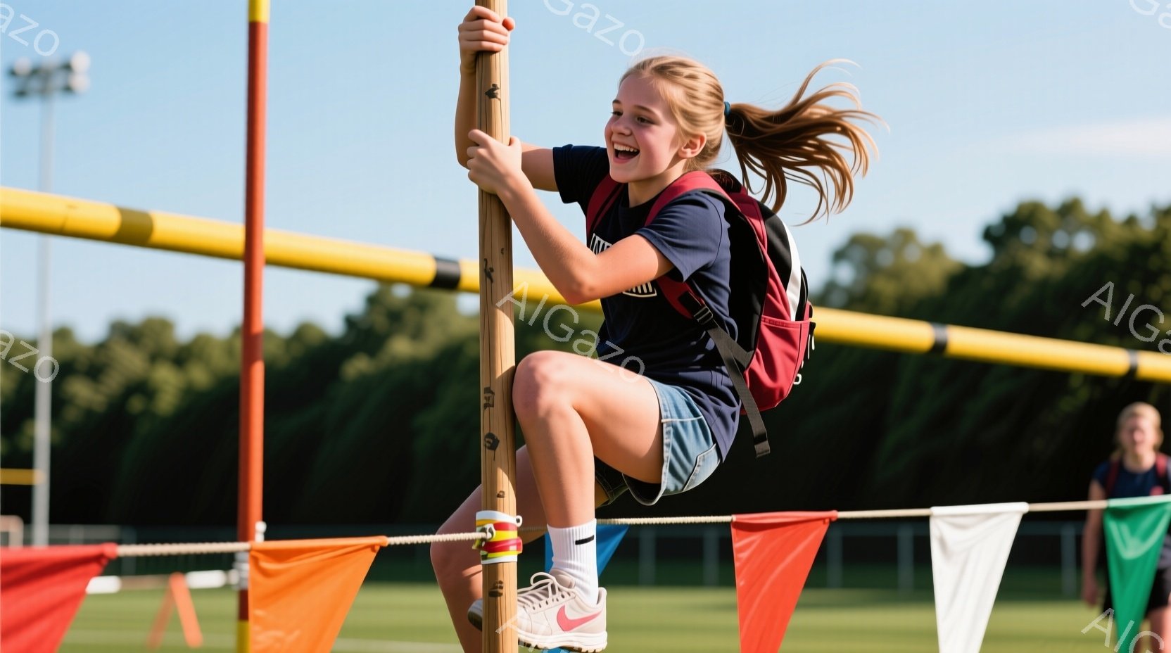 少女は競技場で、棒に飛び乗ってバランスを取ろうとしています。紺色のTシャツに薄いデニムの短パン、白い靴を履き、髪はポニーテールに結ばれています。背景には緑の芝生、オレンジと白の旗、そして晴天の空が広が - AI生成フリー素材