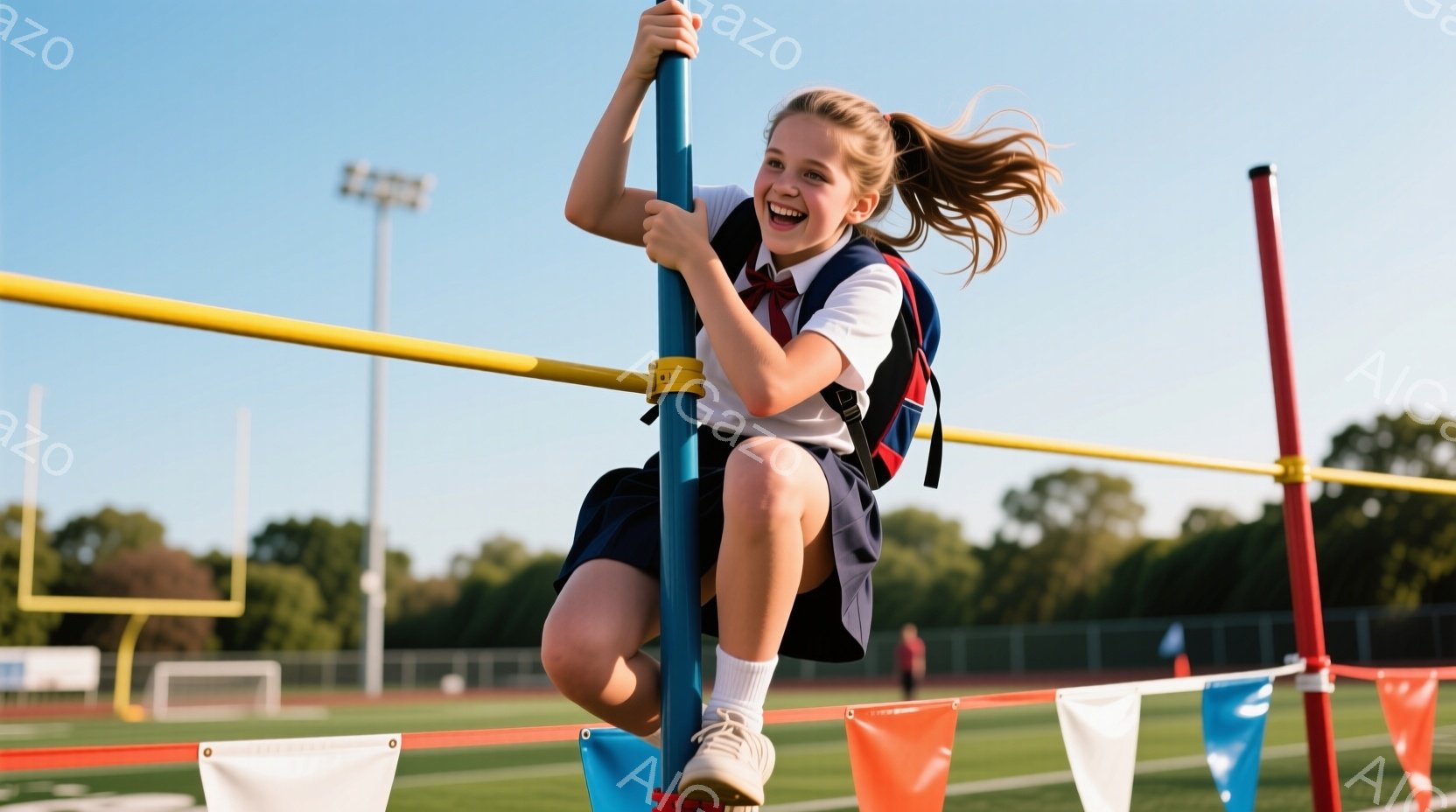金髪をポニーテールにした少女が、競技場のハードルを飛び越えようとしています。紺色のスカートと白いシャツにバックパックを背負い、顔には喜びの表情が浮かんでいます。背景には緑の芝生、ハードル、そして遠くに - AI生成フリー素材