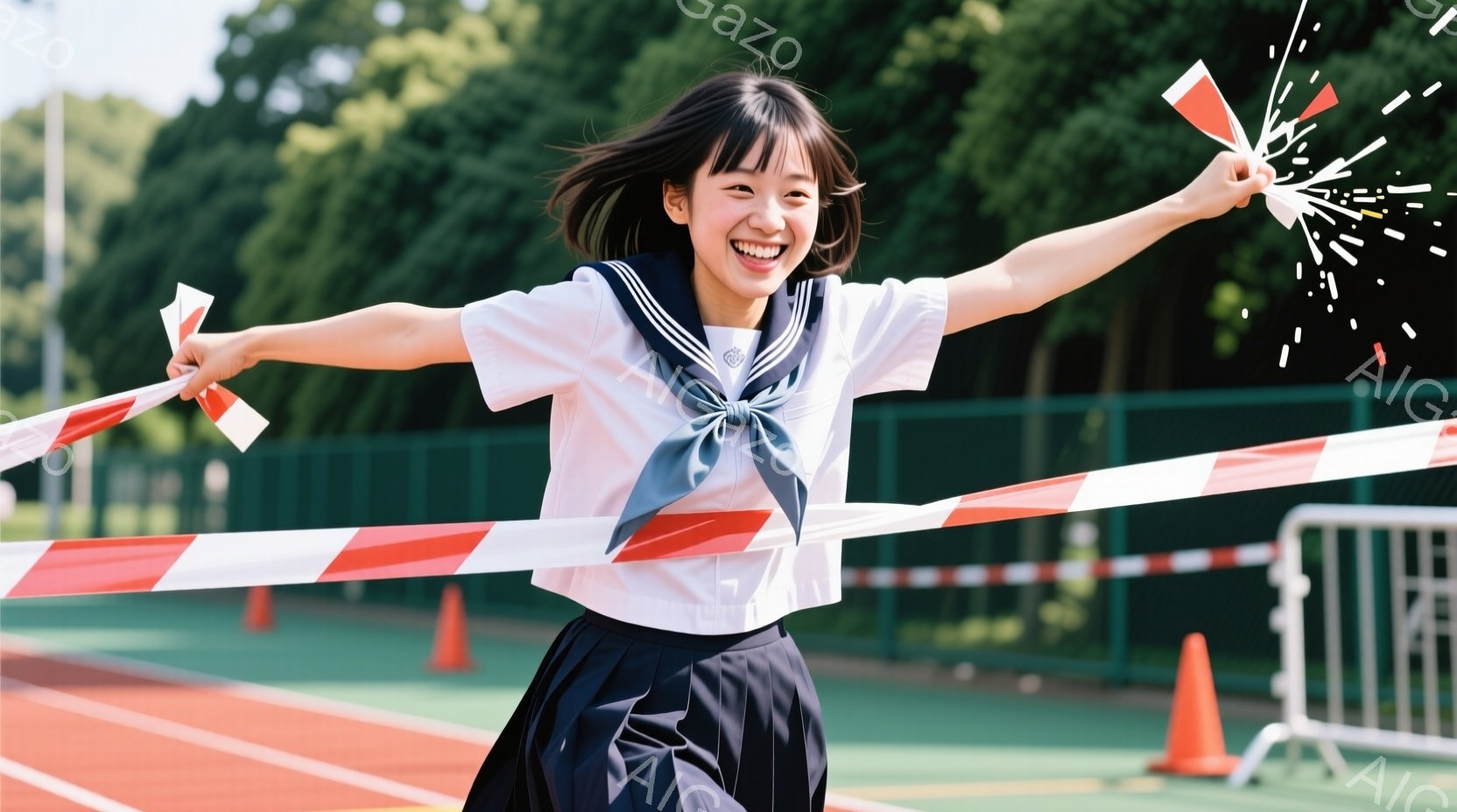 制服を着た若い女性が、競技場のフィニッシュラインを駆け抜けている様子が写っている。彼女は短い黒髪で、満面の笑みを浮かべ、両腕を大きく広げ、勝利を喜んでいる。背景には緑豊かな木々と競技場、そして晴天の空が見え、活気と喜びにあふれた雰囲気である。