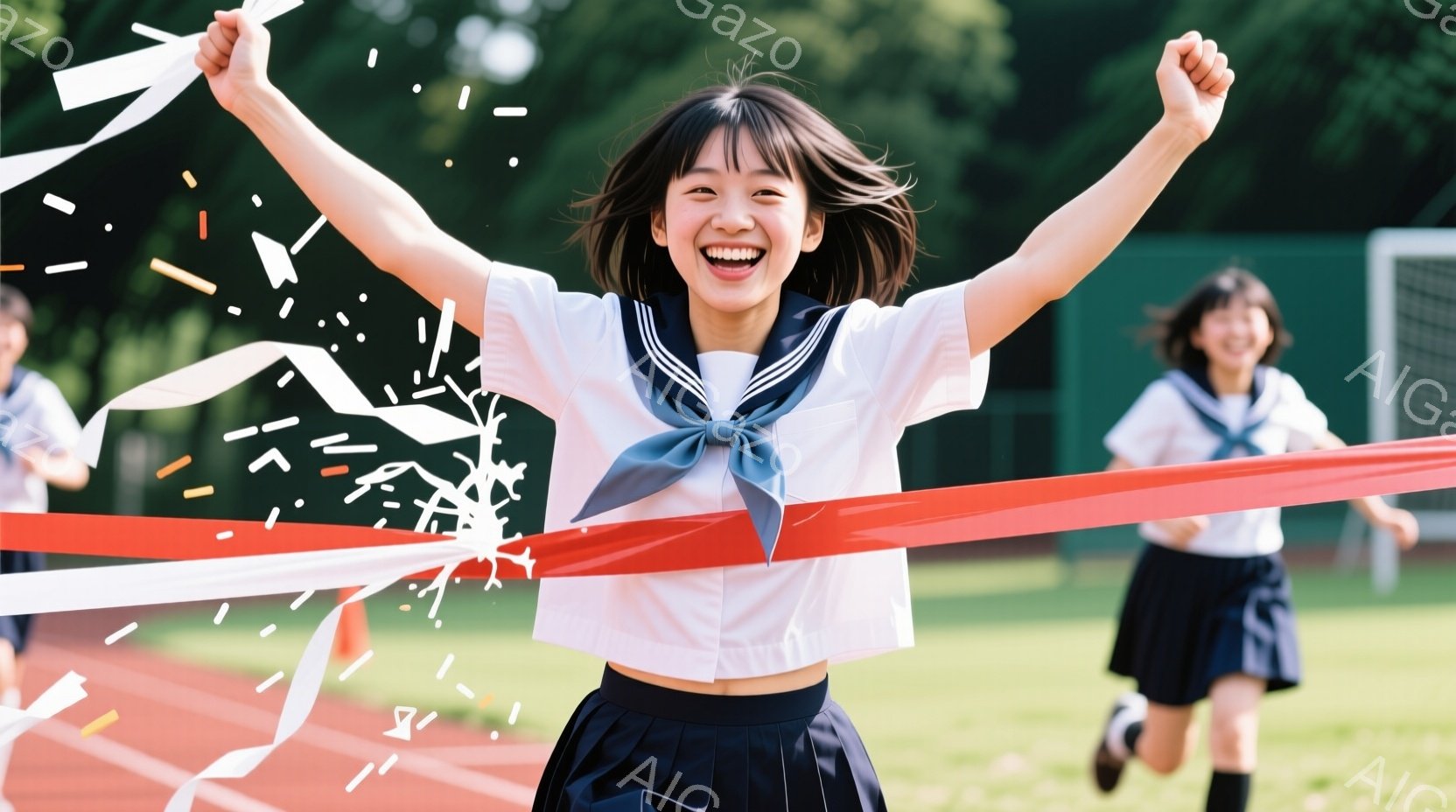 制服を着た女子高生が、競技会のフィニッシュラインを切る瞬間を捉えた写真です。彼女は両手を高く上げ、満面の笑みを浮かべ、勝利の喜びを表現しています。背景には緑の芝生と他の生徒たちが写っており、晴天の下、活気あふれる運動会のような雰囲気が伝わってきます。