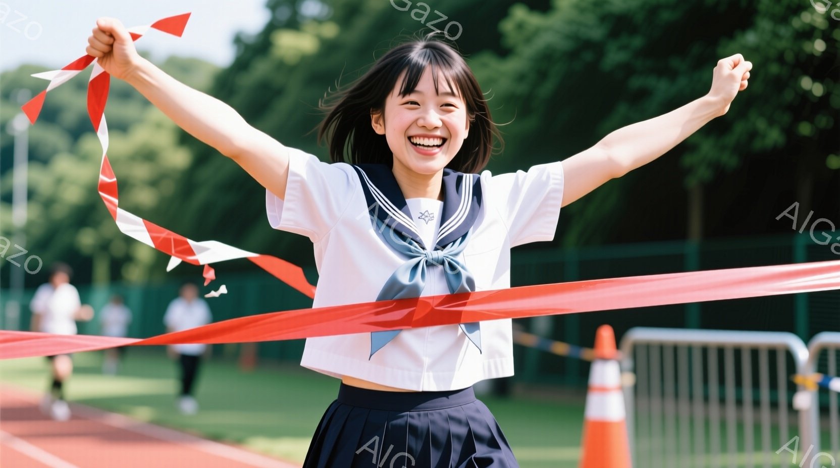 制服を着た若い女性が、競技場のフィニッシュラインを切る瞬間に捉えられています。彼女は明るい笑顔を見せ、両腕を高く上げて喜びを表現しており、紺色のスカートと白いシャツにネクタイを結んでいます。背景には、 - AI生成フリー素材