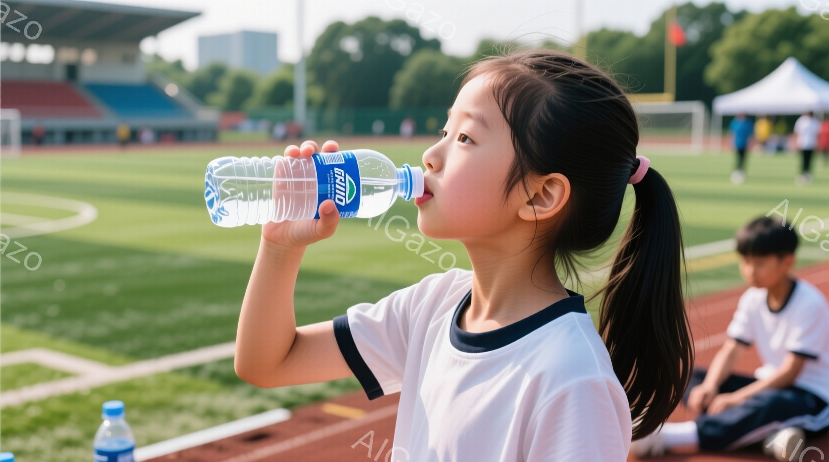 少女はトラックのコース上に立ち、スポーツドリンクのボトルから水を飲んでいます。白い襟と黒い縁取りのある白いTシャツを着ており、黒いポニーテールにしています。背景には緑の芝生、観客席、そして天候の良い青 - AI生成フリー素材
