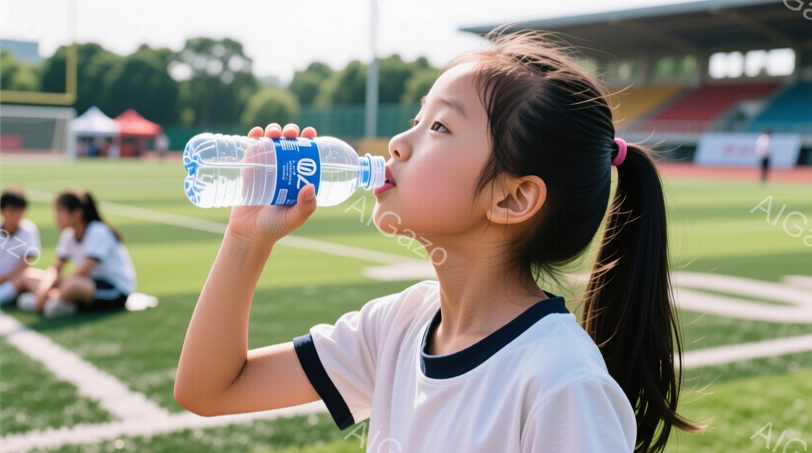 長いポニーテールにした少女が、サッカー場の緑の芝生の上で水筒から水を飲んでいます。彼女は白いTシャツを着ており、顔は横を向いてリラックスした表情をしています。背景には観客席やその他の選手が見え、晴れた日の屋外での活動を暗示しています。