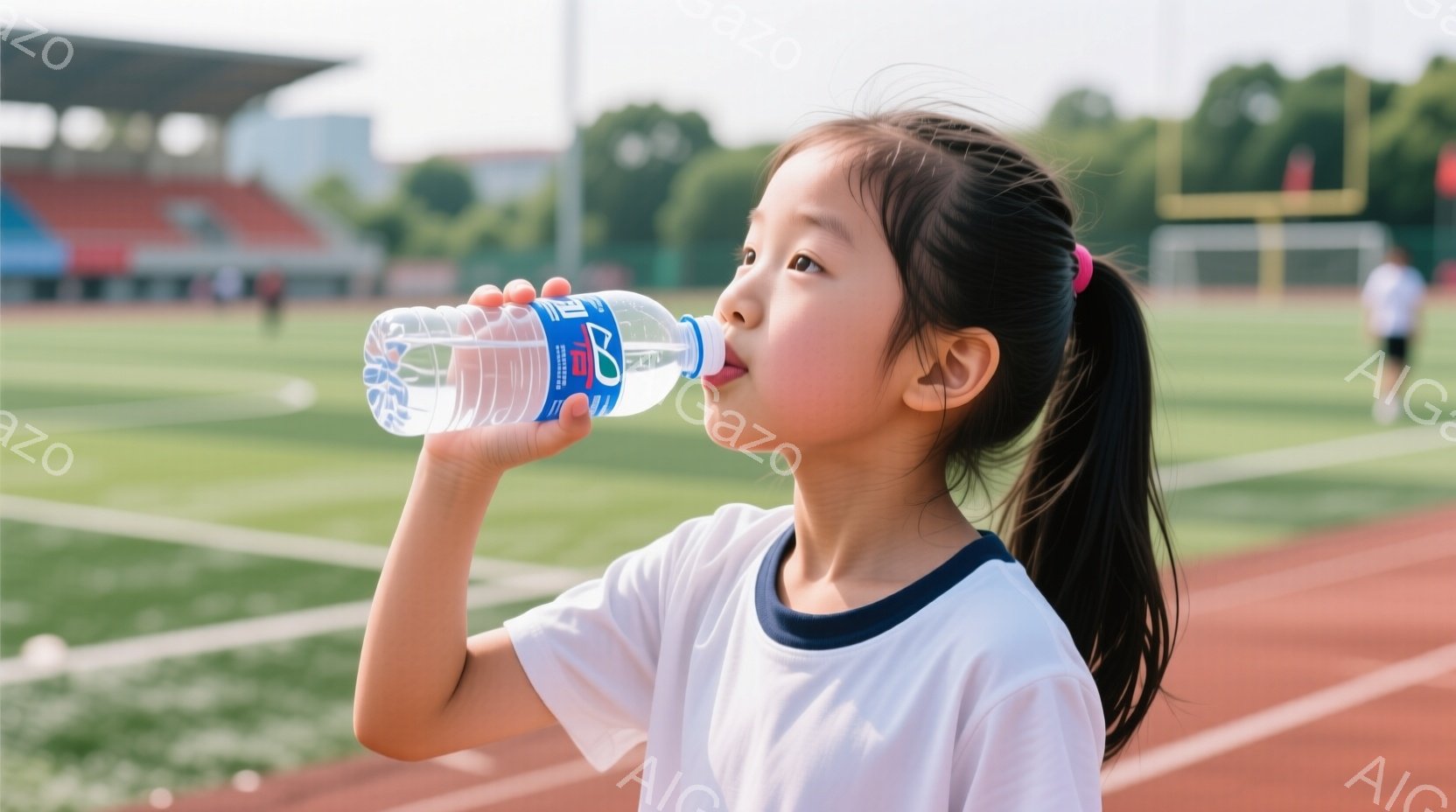 少女は陸上競技場のトラック上で、青いスポーツウェアと白いTシャツを着て水を飲んでいます。彼女は髪を高いポニーテールにし、リラックスした表情で水分補給をしている様子です。背景には緑の芝生、観客席、そして - AI生成フリー素材