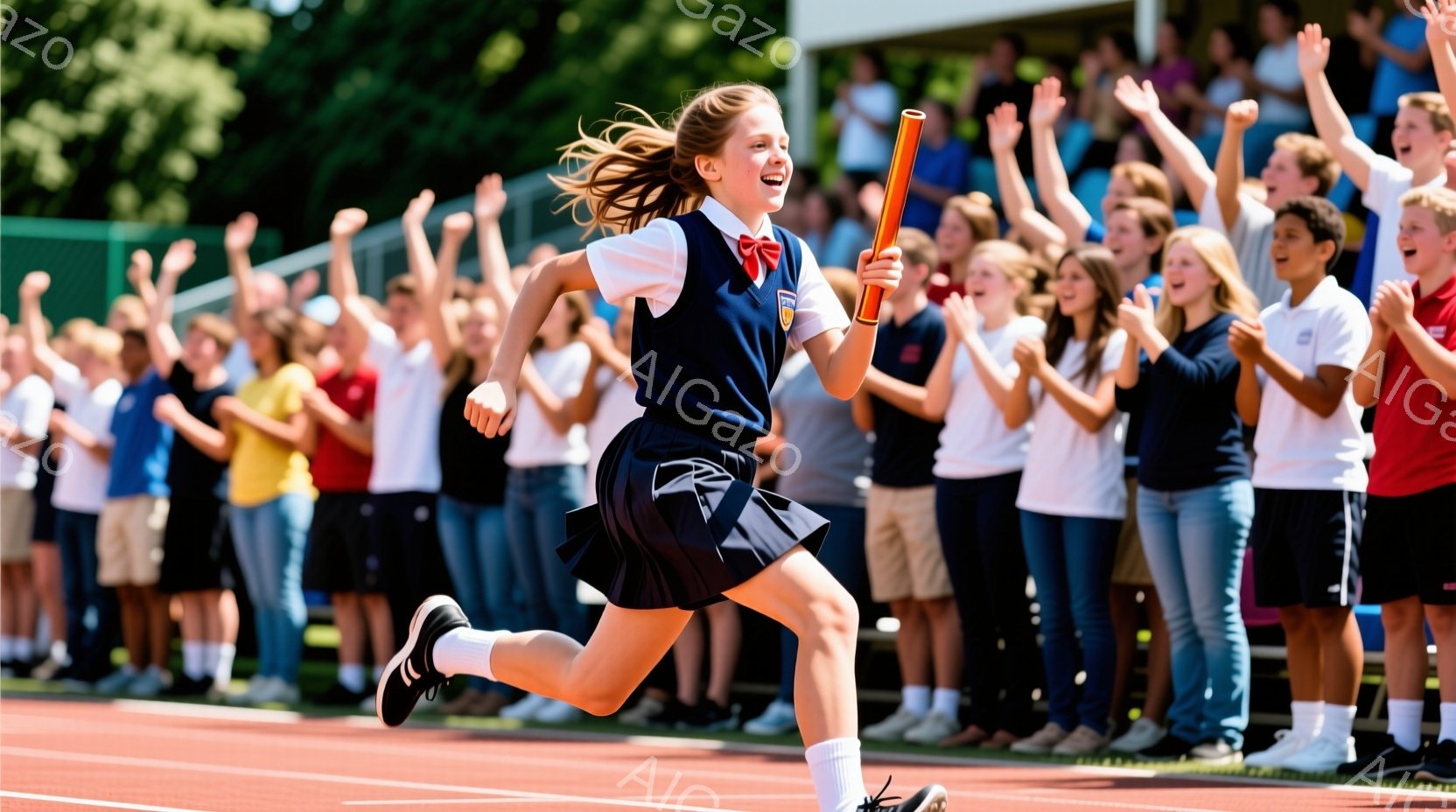 金色の髪をポニーテールにした少女が、陸上トラックで勢いよく走っている。彼女は紺色のブレザーとプリーツスカート、白いソックスと黒い運動靴を着用しており、顔には喜びと集中が表れている。背景には、観客席に座る生徒たちが大勢おり、彼女の走りを応援している様子がうかがえ、晴れた空の下、緑豊かな自然の中で活気に満ちた雰囲気が漂っている。