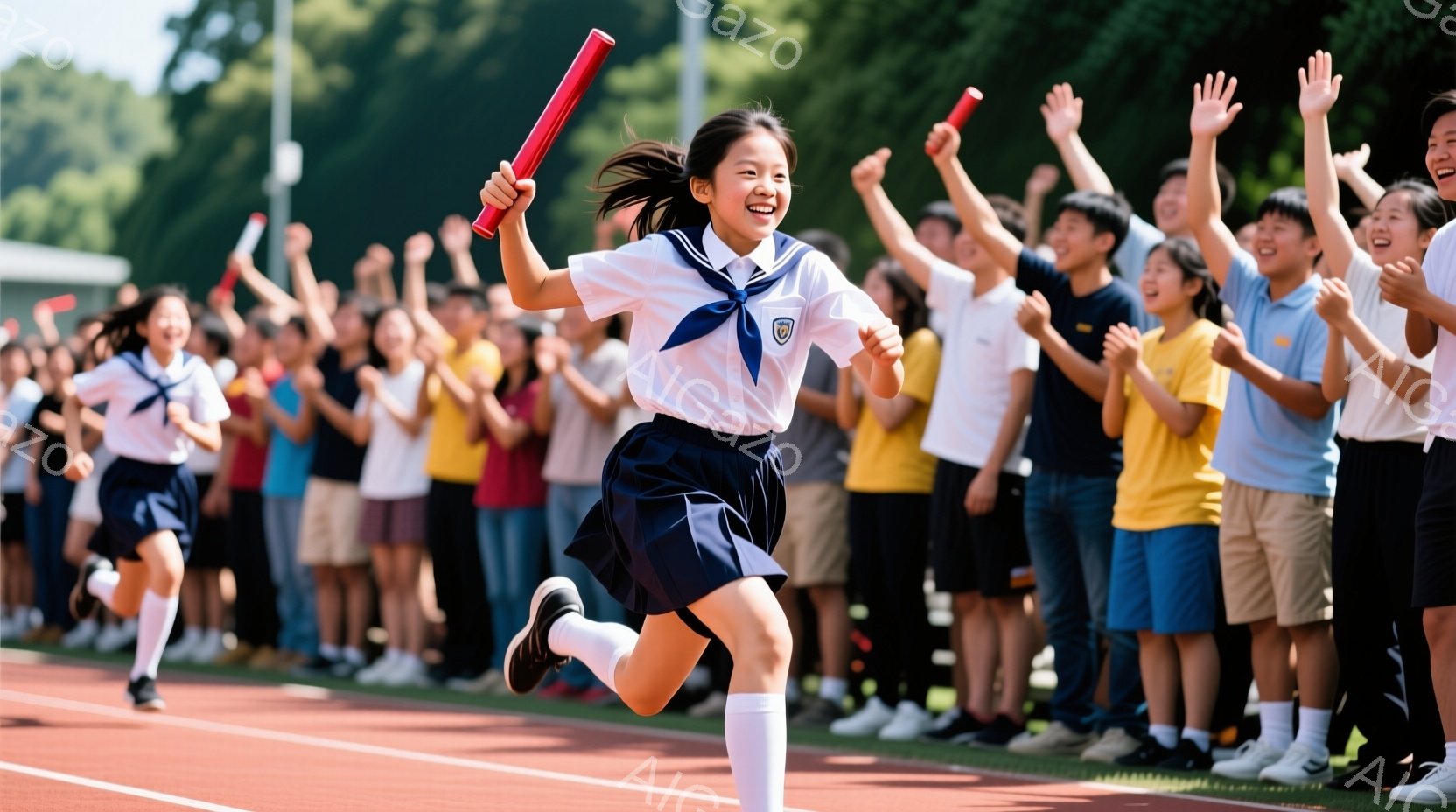 紺色のトラックを、紺色のスカートと白いシャツの制服を着た少女が、赤いバトンを高く掲げながら走り抜けている。彼女は笑顔で前を見据え、髪はポニーテールに結ばれている。背景には観客席が広がり、多くの人々が彼 - AI生成フリー素材