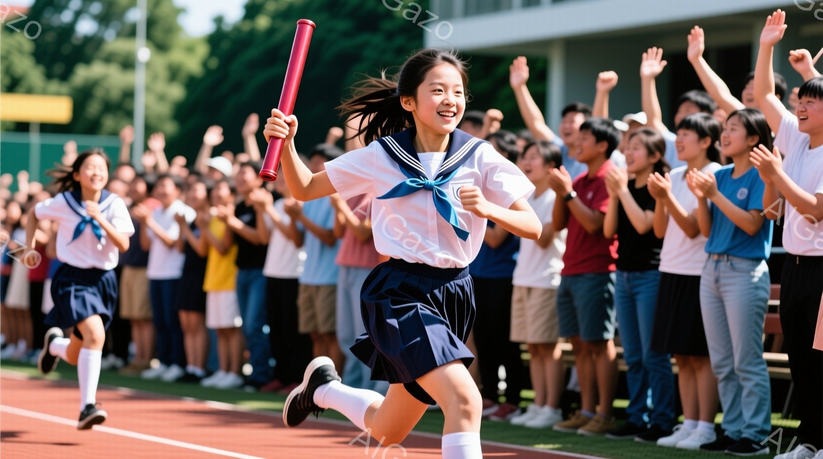 紺色のスカートと白いセーラー服を着た女子高生が、トラックを全力で走っている。彼女は右手にリレーのバトンを持ち、顔は笑顔で輝いている。背景には、歓声を上げる観客と緑豊かな木々が見え、晴天の下、活気に満ち - AI生成フリー素材