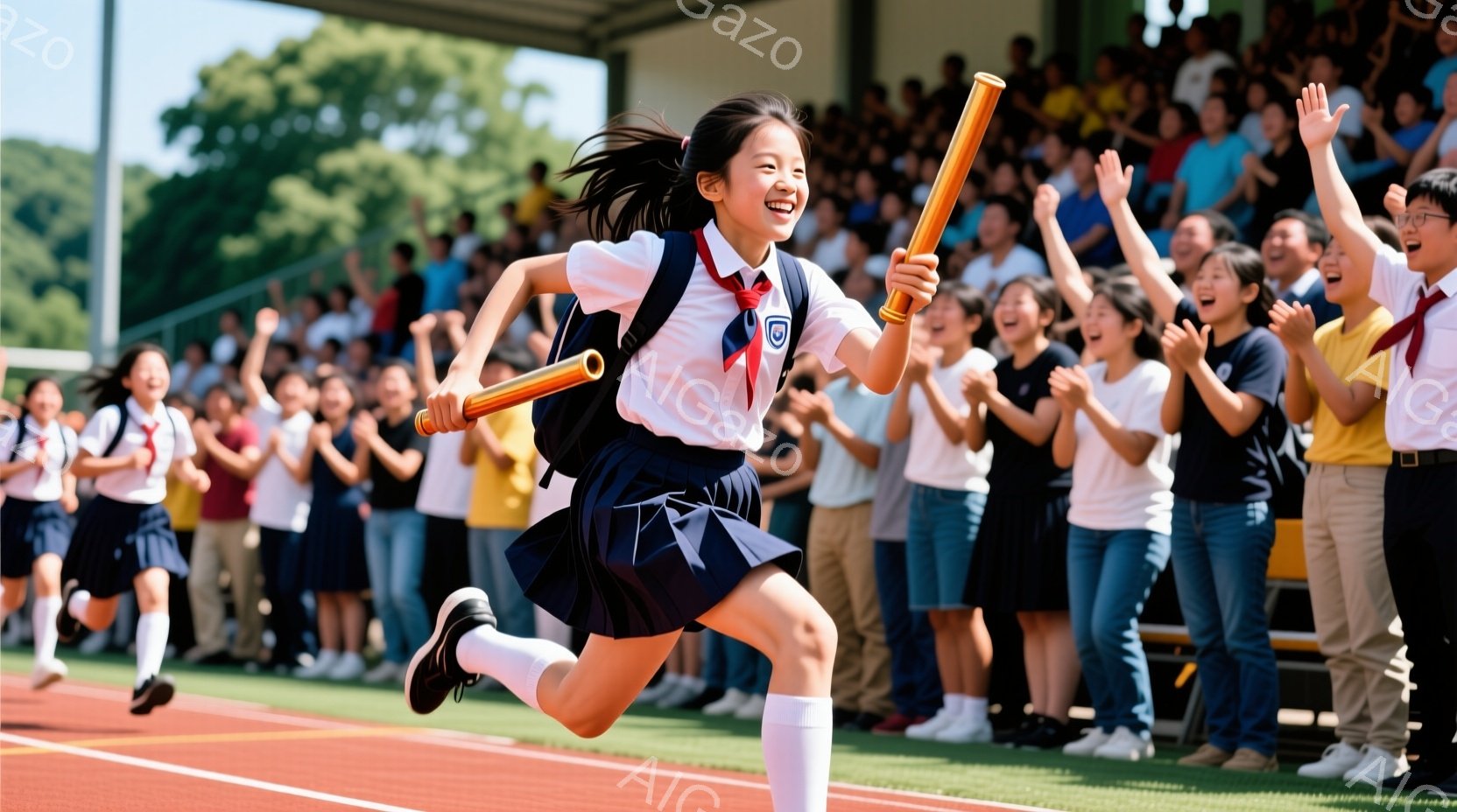 紺色の制服に身を包んだ女子高生が、陸上トラックでリレーのバトンを手に走り抜けている。彼女は明るい笑顔で前を見据え、右手にバトンをしっかりと握り、躍動感のある姿勢でスピードに乗っている。背景には、観客席がいっぱいになり、応援の手拍子が響き、鮮やかな緑の芝生と晴天が、活気あるスポーツイベントの雰囲気を盛り上げている。