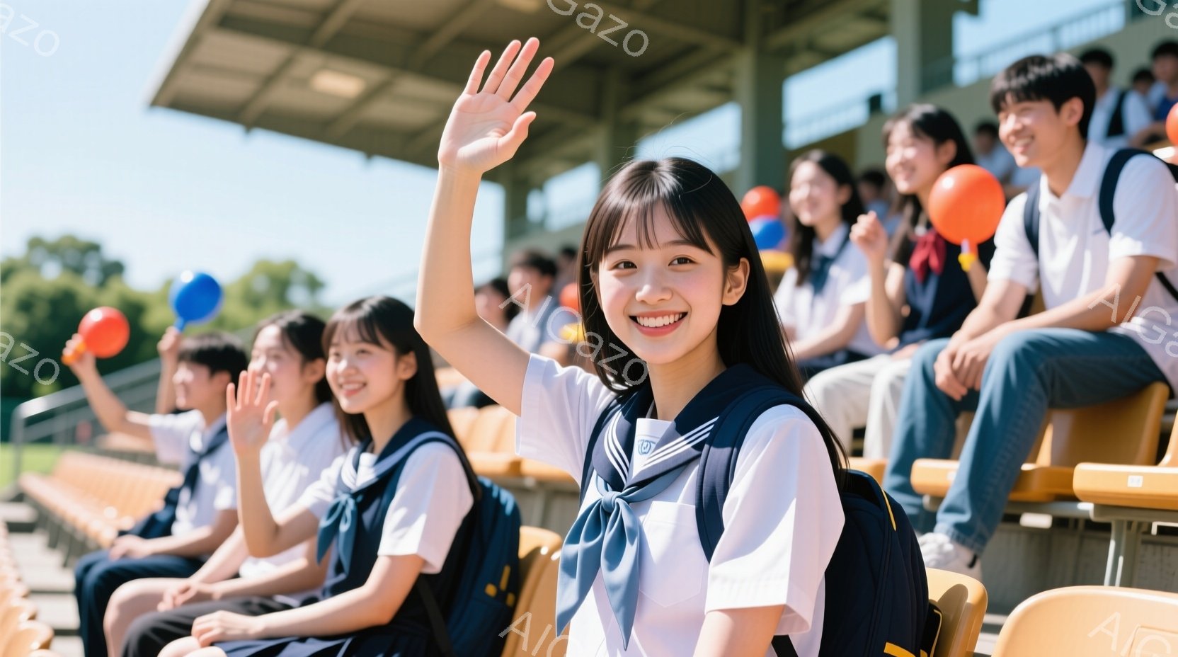 学生たちがスタジアムの座席に座り、笑顔で手を振っています。紺色のリボンとブレザーが特徴的な制服を着ており、明るい日差しの中で活気に満ちた雰囲気です。背景には緑豊かな自然が広がり、晴天の下、爽やかな一日であることが伺えます。