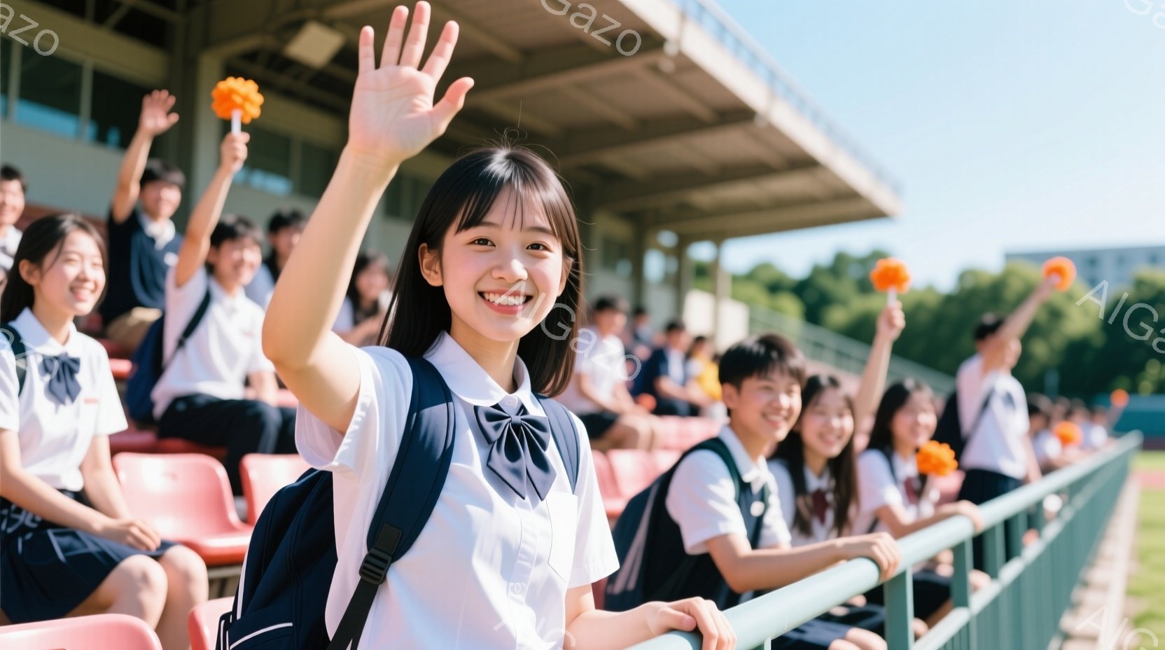 多くの学生が赤い座席に座り、オレンジ色のポンポンを振っています。一人の女子学生は特に目立ち、笑顔で手を高く上げています。背景には緑豊かな木々、競技場、そして晴れた青空が見え、活気に満ちたお祭りやイベン - AI生成フリー素材