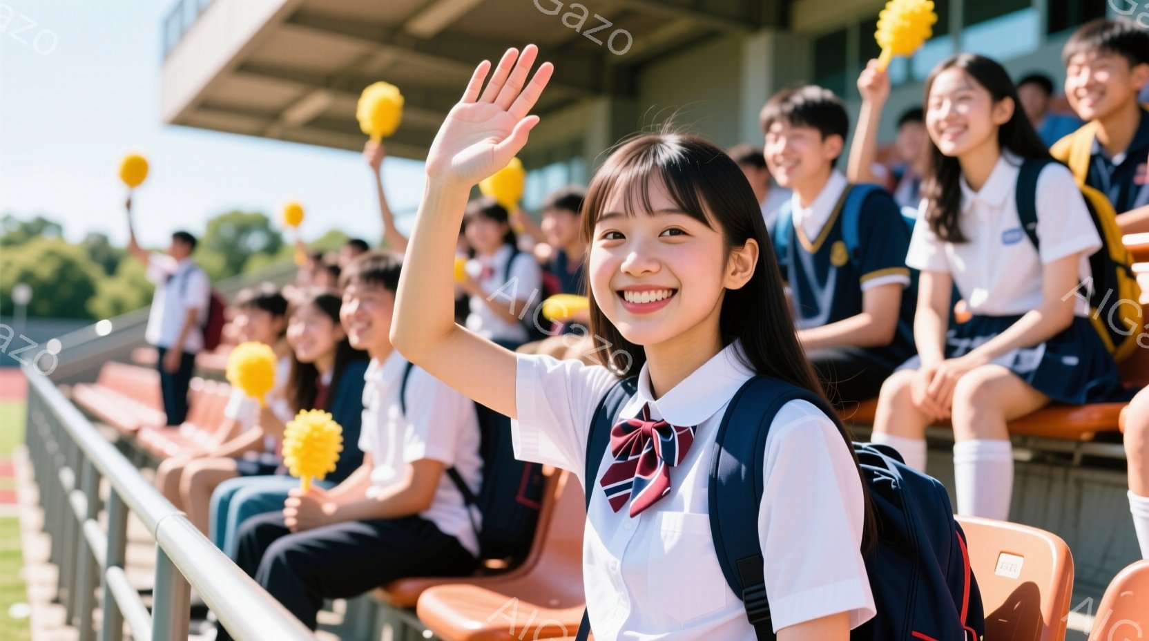 制服を着た女子高生が、観客席で笑顔で手を振っている。彼女は明るい髪型で、制服には赤いネクタイとリボンがついており、背景には他の生徒たちや緑豊かな自然が見える。晴れた日の屋外で、活気にあふれた応援の雰囲 - AI生成フリー素材