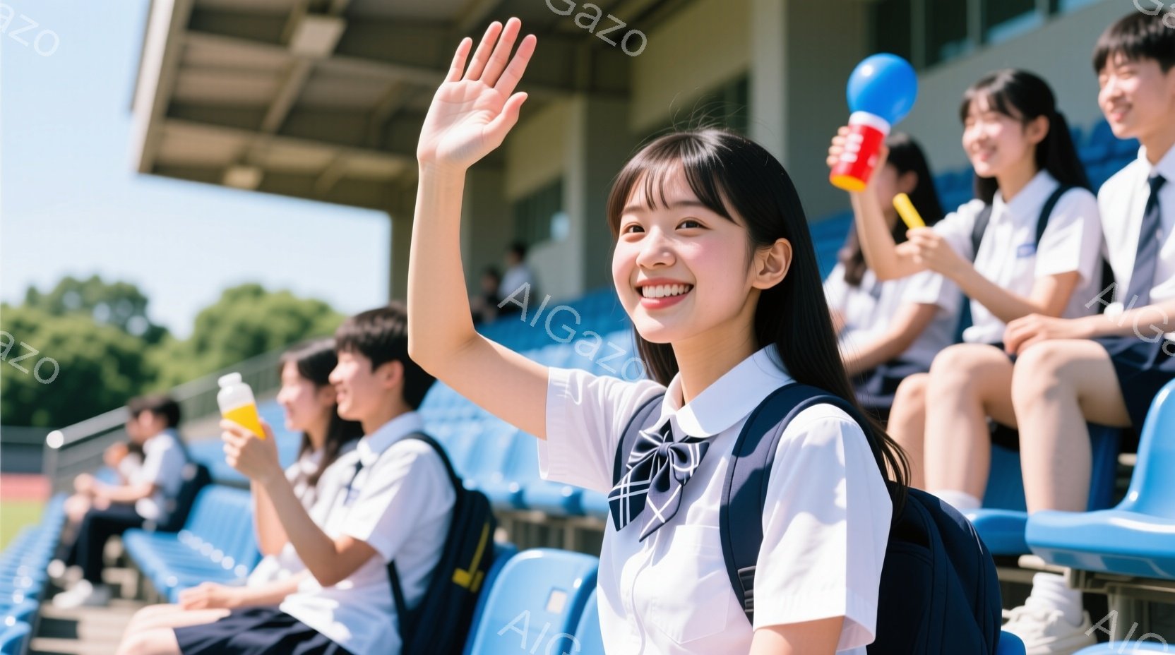 制服を着た女子高生が、青い観客席に座り、笑顔で手を振っています。彼女は黒髪のロングヘアで、白いブラウスとネクタイ、紺色のブレザーを着ています。背景には、緑の芝生とトラック、そして晴れた空が見え、明るく - AI生成フリー素材