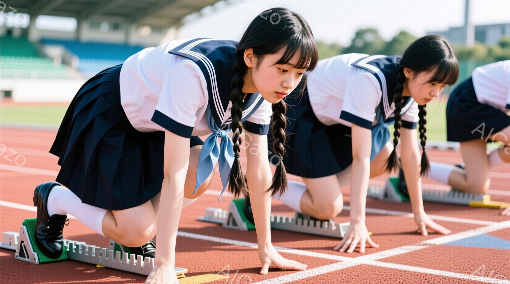 紺色のセーラー服を着た女子高生たちが、陸上競技場のスタートラインに体育座りで並んでいる。彼女たちは顔を下げ、集中した表情で前を見据え、競技開始を待っているようだ。背景には観客席と緑豊かな自然が見え、晴天の下、活気に満ちた競技の雰囲気が伝わってくる。