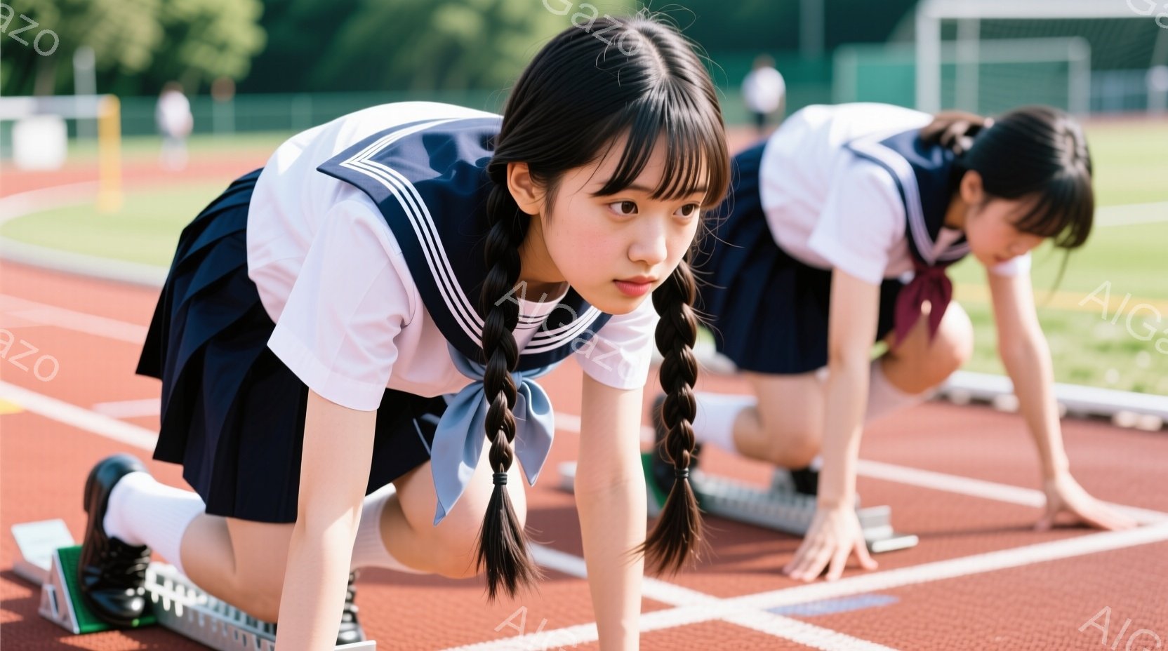 トラック競技場でスタート位置にうずくまる女子高生二人組が写っています。紺色のスカートと白いセーラー服を着ており、一人は髪を二つに結び、もう一人はポニーテールにしています。晴れた空の下、競技場の赤いトラックと緑の背景が、活気あるスポーツの雰囲気を醸し出しています。