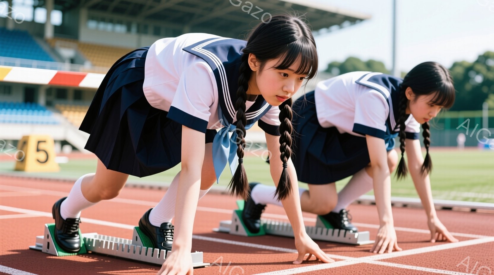 陸上競技場でスタート位置についた女子高生二人組が写っている。彼女たちはセーラー服を着ており、黒い髪をツインテールにしている。集中した表情で、スタートの合図を待っているような姿勢で、力強く地面に手を着けている。