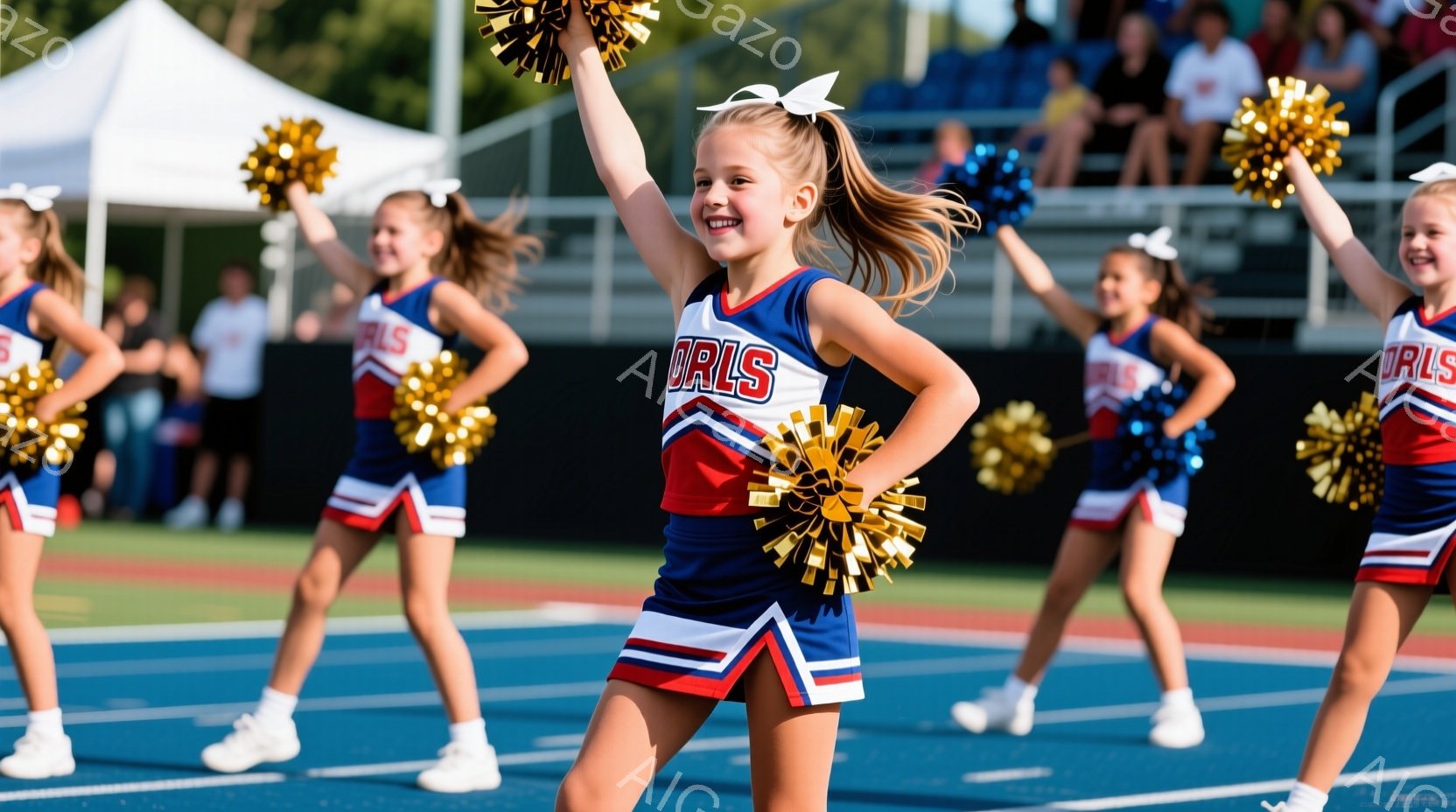 チアリーダーの少女たちが青いトラックの上でポーズをとっています。紺色のトップスに白いラインと「GIRLS」の文字が入り、白いプリーツスカートを履いています。彼女たちはポンポンを持っており、笑顔でエネル - AI生成フリー素材