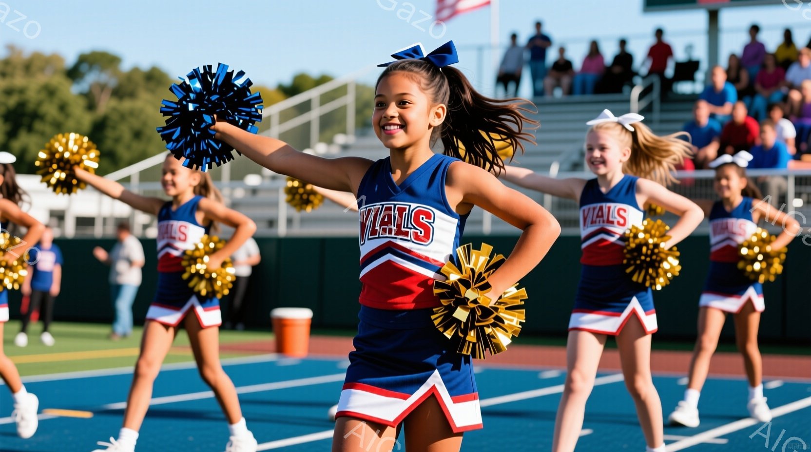 チアリーダーのグループが競技場でパフォーマンスをしている写真です。彼らは青、白、金色のユニフォームを着ており、髪はポニーテールに結ばれています。背景には観客席と緑豊かな木々が見え、晴天の屋外で活気のある雰囲気が漂っています。