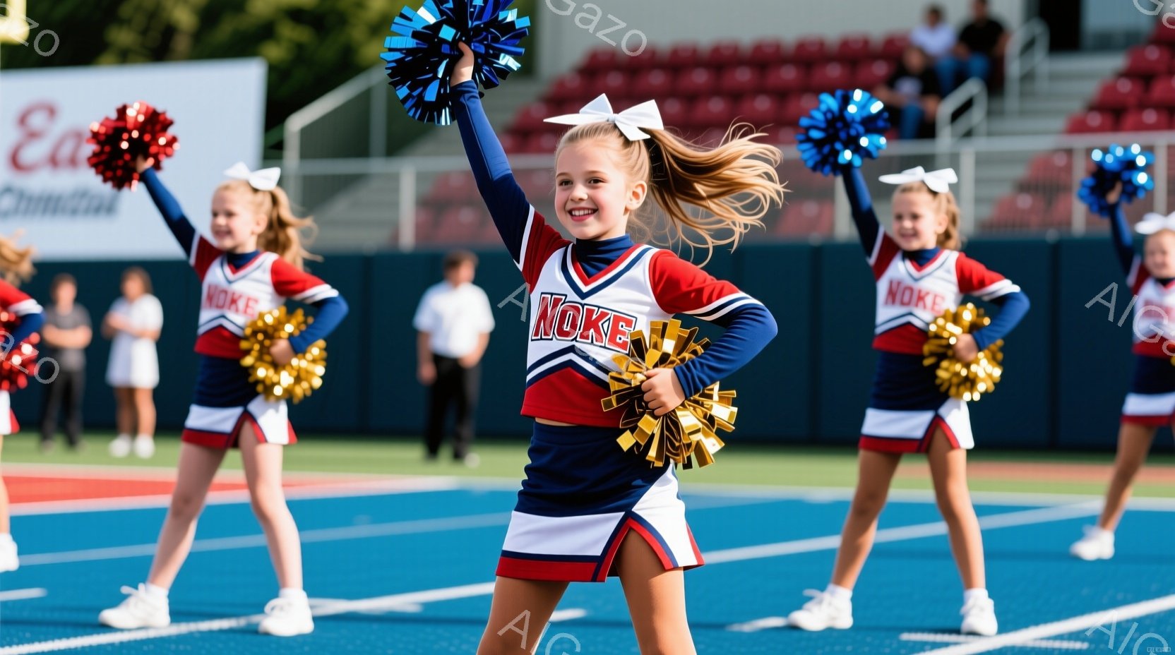若い女性チアリーダーたちが青い競技場に立っており、赤いシャツに黒い縁取りがあり、黒いスカートと白いスニーカーを履いています。彼女たちはポンポンを持って高く上げ、笑顔で活気に満ちたポーズをとっています。 - AI生成フリー素材