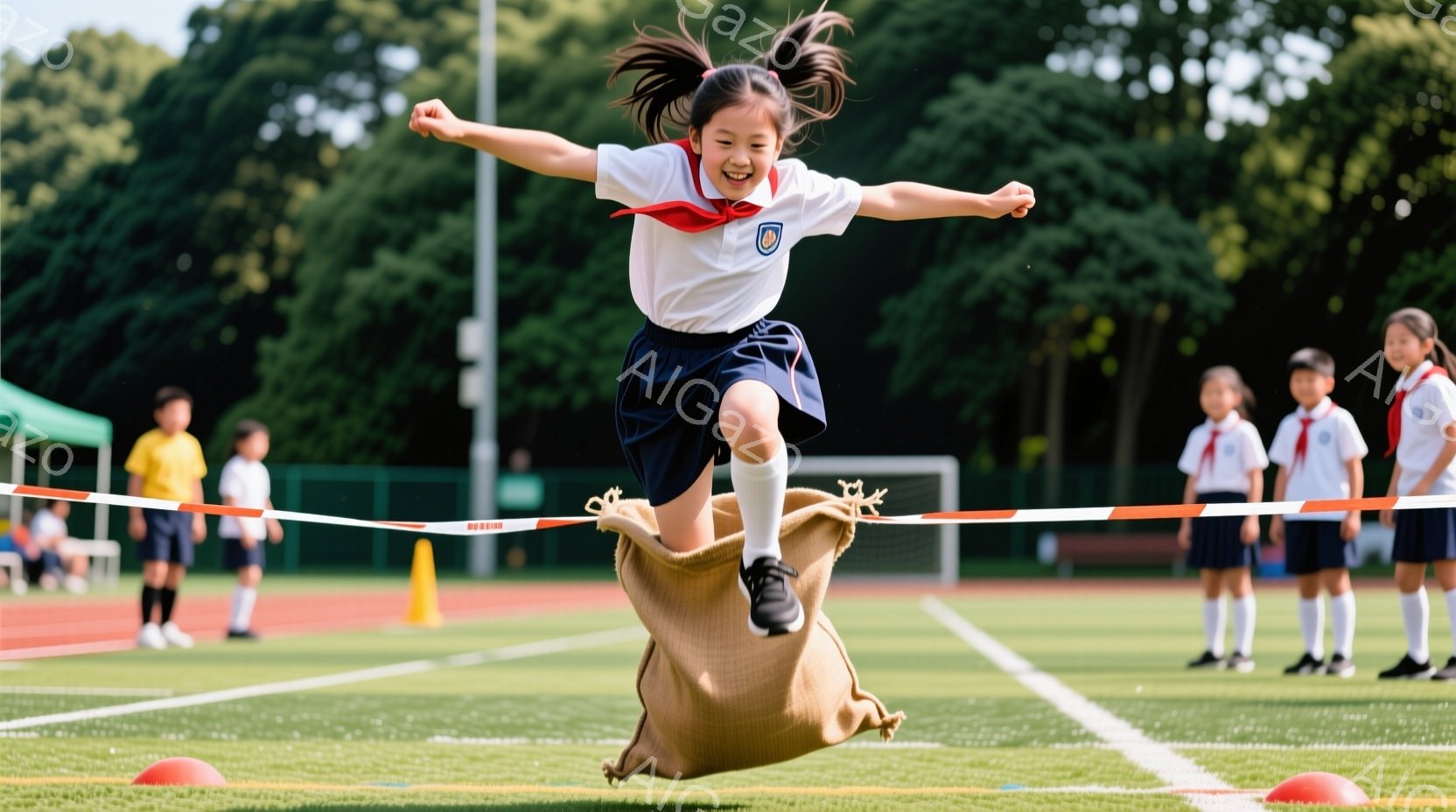 少女は運動会で麻袋跳びをしている最中であり、両手を大きく広げて高くジャンプしている様子が捉えられている。紺色のスカートと白いブラウス、そして赤いリボンとネクタイが印象的で、明るい笑顔で楽しんでいる様子 - AI生成フリー素材