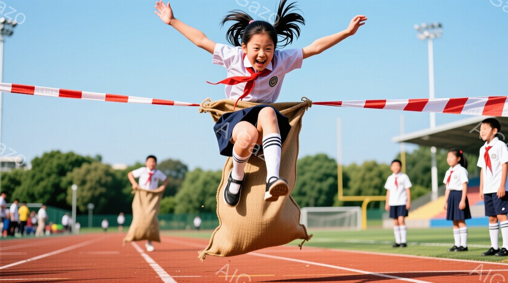 少女は運動場で麻袋ジャンプを楽しんでいます。紺色のスカートと白いブラウス、赤いリボンを結んだ髪型で、勝利に向かって両手を高く上げ、ジャンプしています。背景にはトラック、芝生、そして観客席があり、晴れた - AI生成フリー素材