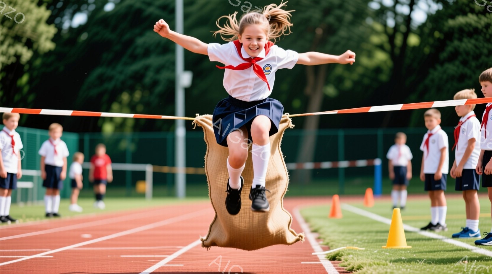 少女は運動場で麻袋ジャンプに挑戦しており、高く飛び上がってゴールラインを越えようとしています。彼女は白いシャツに紺色のスカート、赤いスカーフを身につけ、髪はポニーテールにしており、満面の笑みを浮かべて - AI生成フリー素材