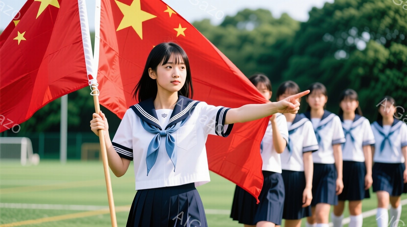 制服を着た女子学生たちが整列しており、先頭の女性は中国の国旗を高く掲げ、指を前に伸ばして何かを示している。背景には緑の芝生と木々が見え、晴天の下で、彼女たちは真剣な表情で何かを始める直前の緊張感が漂っている。制服はセーラー服で、白いシャツに黒のスカート、赤いスカーフが特徴的だ。