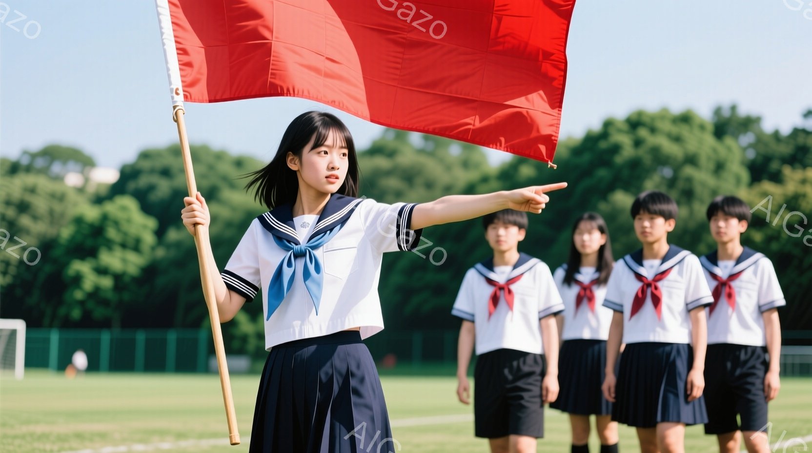 少女が赤い旗を高く掲げ、片手を前に突き出して何かを指し示しています。彼女は紺色のリボンと白いセーラー服を着ており、黒いスカートと白い靴を履いています。背景には緑の芝生と木々があり、他の生徒たちがセーラー服姿でぼやけて写っており、晴れた日の運動会の雰囲気を感じさせます。
