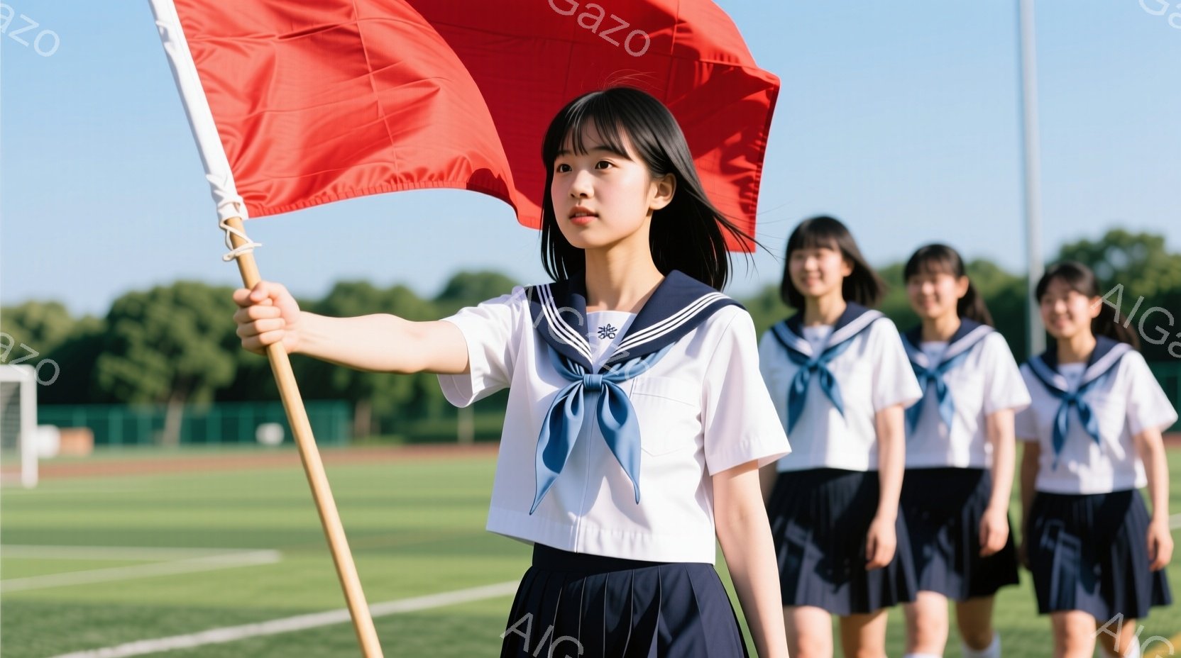 日本の学生が集まって、紅の旗を手に持っているところです。彼女たちは全員同じ制服を着ており、それは伝統的な日本の学校生徒のスタイルを示します。晴れた日の午後に撮られ、明るく清らかな空が見えます。雰囲気は正式であり、学生たちが自信を持って行動している姿が伝わってきます。
