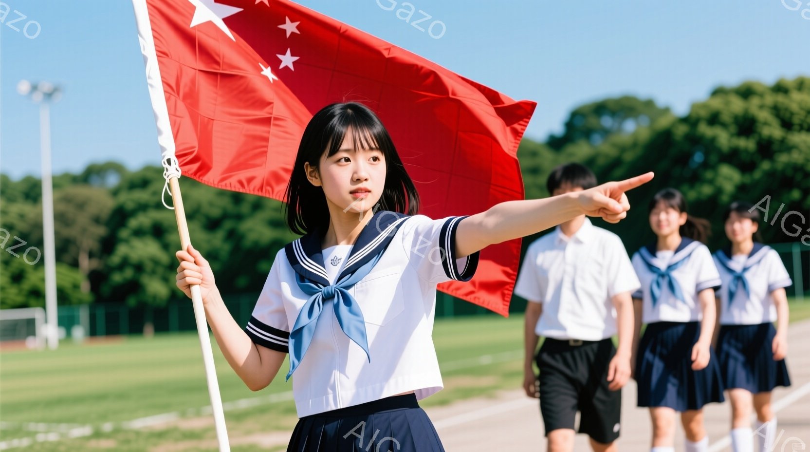 制服を着た女子生徒が、赤い旗を高く掲げ、右手を力強く前に突き出しています。背景には、トラックと緑豊かな自然が広がり、晴天の下で活動的な雰囲気が漂っています。他の生徒たちが少し後ろに並んでおり、彼女を先頭にした行進やイベントの一場面のようです。