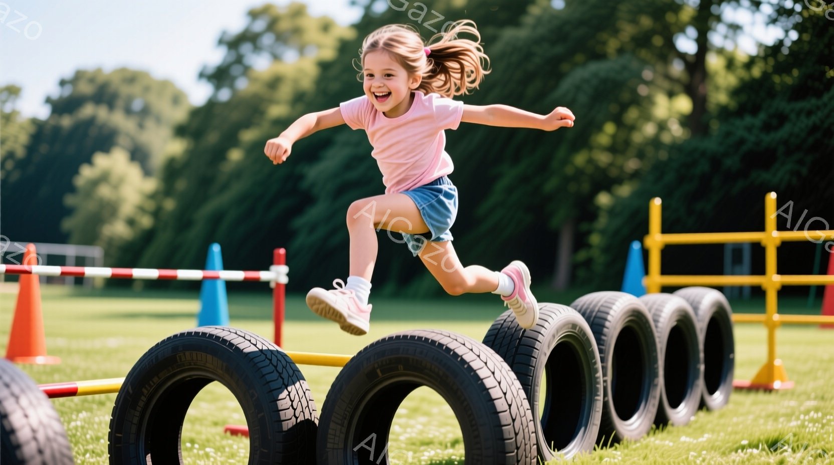 茶髪をポニーテールにした少女が、タイヤで作られた障害物コースを飛び越えています。ピンク色のTシャツとデニムのショートパンツを着ており、顔には喜びと活気に満ちた表情が見られます。背景には緑豊かな芝生、カ - AI生成フリー素材