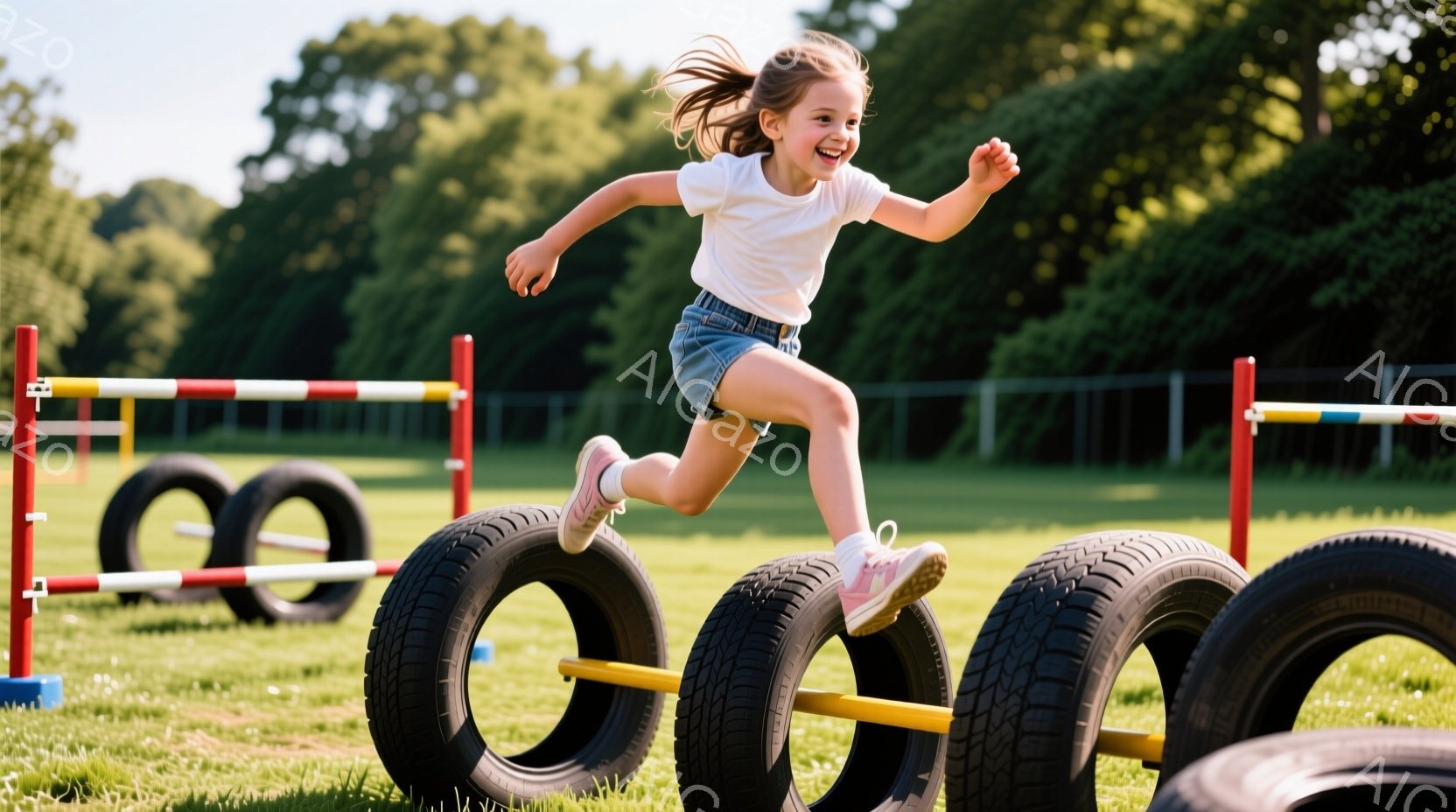 金髪をポニーテールにした少女が、タイヤで作られた障害物コースを飛び越えています。彼女は白いTシャツとデニムのショートパンツを着ており、顔には明るい笑顔が見られます。背景には緑豊かな芝生と、遠くに見える木々があり、晴れた日の楽しげな雰囲気が伝わってきます。