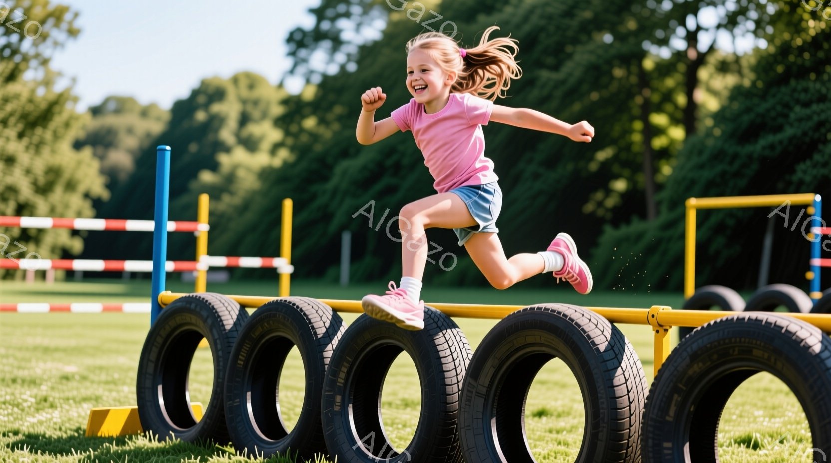 明るい緑の芝生の上を、少女がタイヤで作られた障害物を飛び越えています。彼女はピンク色のTシャツとデニムのショートパンツを着用し、髪はポニーテールに結ばれています。顔には笑顔が浮かび、活気に満ちた楽しげな雰囲気が伝わってきます。