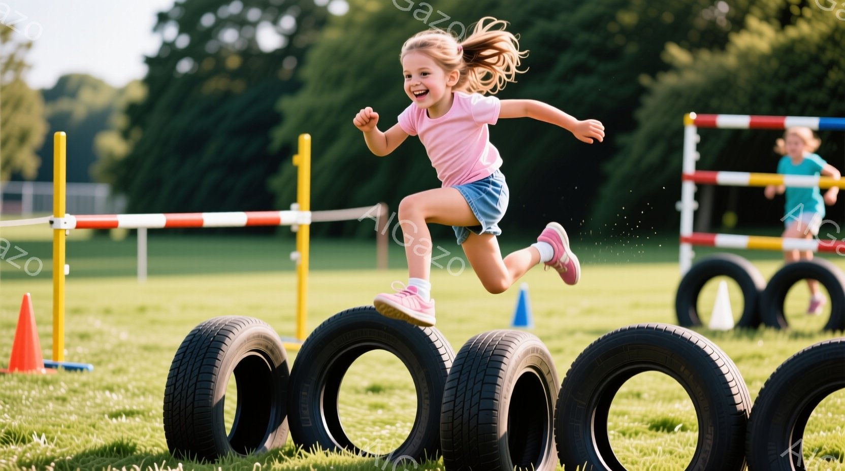金髪をポニーテールにした少女が、タイヤで作られた障害物を飛び越えています。ピンク色のTシャツとデニムのショートパンツを着用し、満面の笑みを浮かべており、躍動感に満ちています。背景には芝生とオレンジ色のコーン、そして遠くに見える建物があり、晴天の下で活気のある様子が伝わってきます。