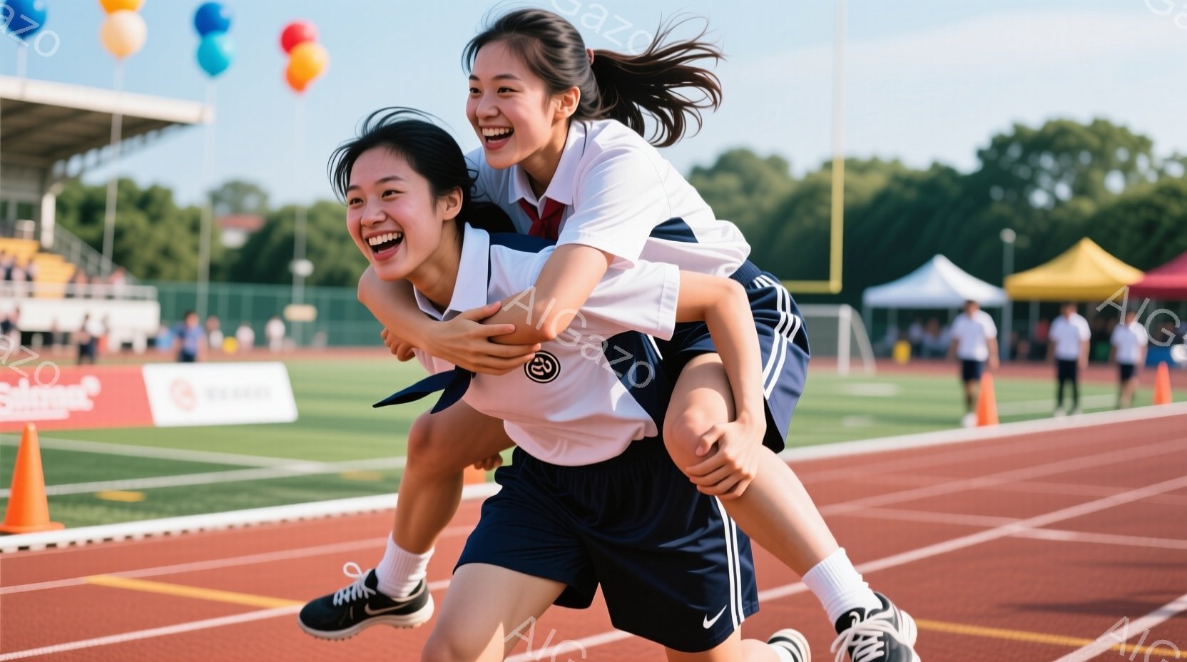 陸上競技場を走る若い女性二人が写っています。上側の女性は白いポロシャツにネイビーブルーのショーツ、下側の女性も同じ服装で、両者とも運動靴を履いています。二人は笑顔で、上側の女性が下側の女性の背中に乗っており、喜びと活気に満ちた雰囲気が伝わってきます。