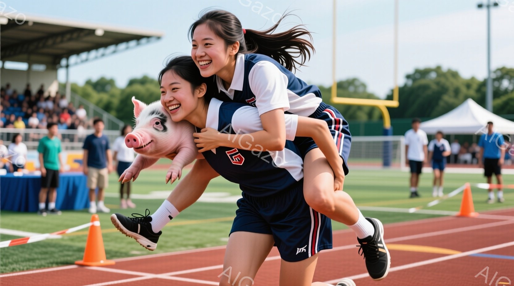 若い女性が、小さくてピンク色のブタを背中に乗せて競技トラックを走っている。彼女は紺と白のスポーツウェアを着ており、髪はポニーテールに結ばれている。背景には観客席や緑の芝生、晴天の空が見え、活気があり楽しい雰囲気が漂っている。