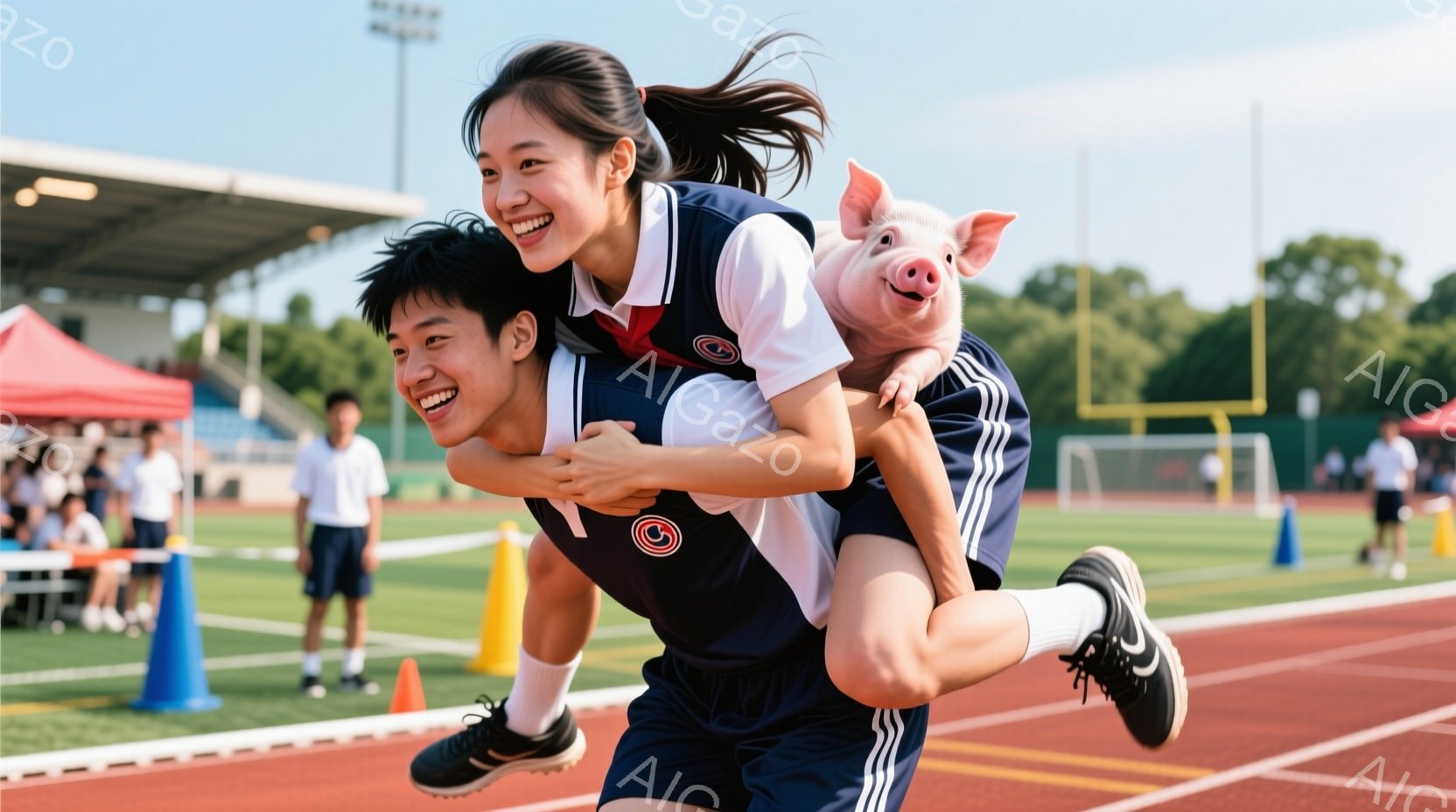 紺色のトラックジャケットと白いシャツを着た若い男性が、同じ制服を着た若い女性を背負って走っています。二人は笑顔で、活気に満ちた表情をしています。背景には、緑の芝生、オレンジ色のコーン、観客席、そして晴 - AI生成フリー素材