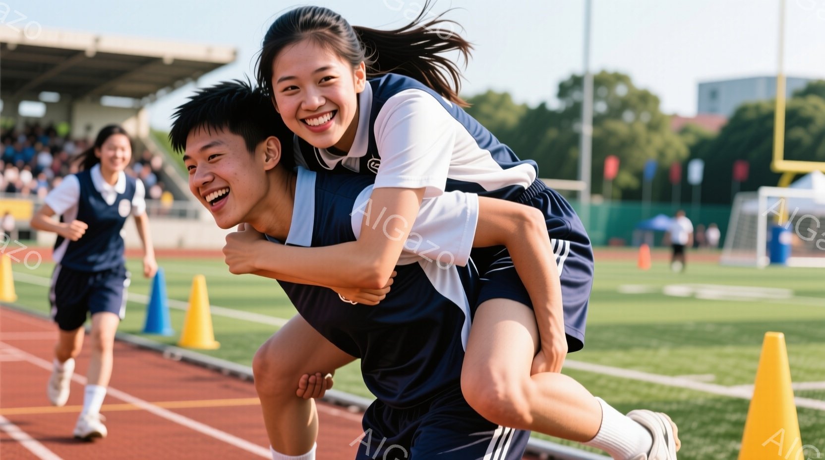 紺色のトラックで、制服を着た女子生徒が男子生徒の背中に乗っている。二人は皆笑顔で、男子生徒は少し前かがみになりながら走っているように見える。背景にはトラック場と観客席、そして青空が広がり、明るく活気のある雰囲気である。