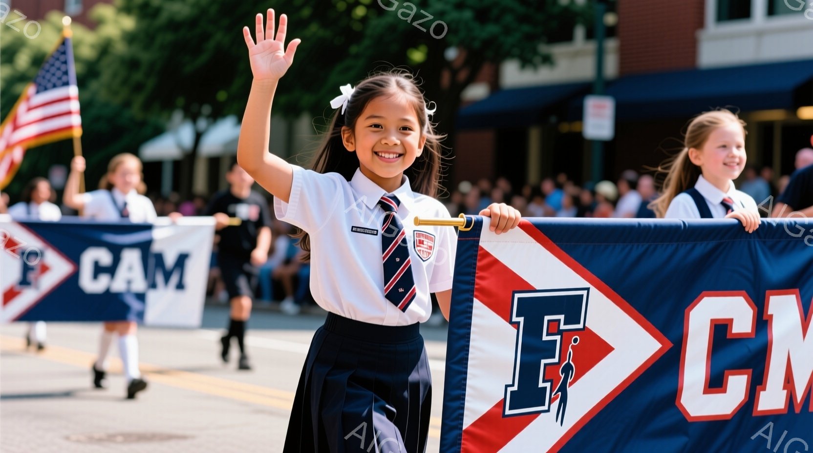 少女は紺色のスカートと白いシャツを着ており、赤いリボンで髪を結んでいます。彼女は笑顔で手を振っており、チームの旗を背景に、パレードに参加している様子がわかります。晴れた日の屋外で、背景には建物や他の参加者がぼんやりと見えます。