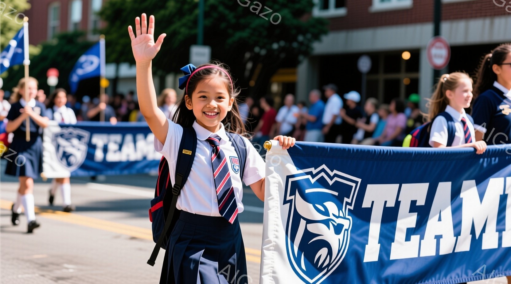 少女は青い制服に白いシャツを着て、肩に黒いバックパックを背負っています。彼女は右手を上げて笑顔で歩いており、背景には「TEAM」と書かれた青い旗を持った他の生徒たちがいます。晴れた日の通りで、建物や木々が見え、お祭りやパレードのような活気ある雰囲気が漂っています。