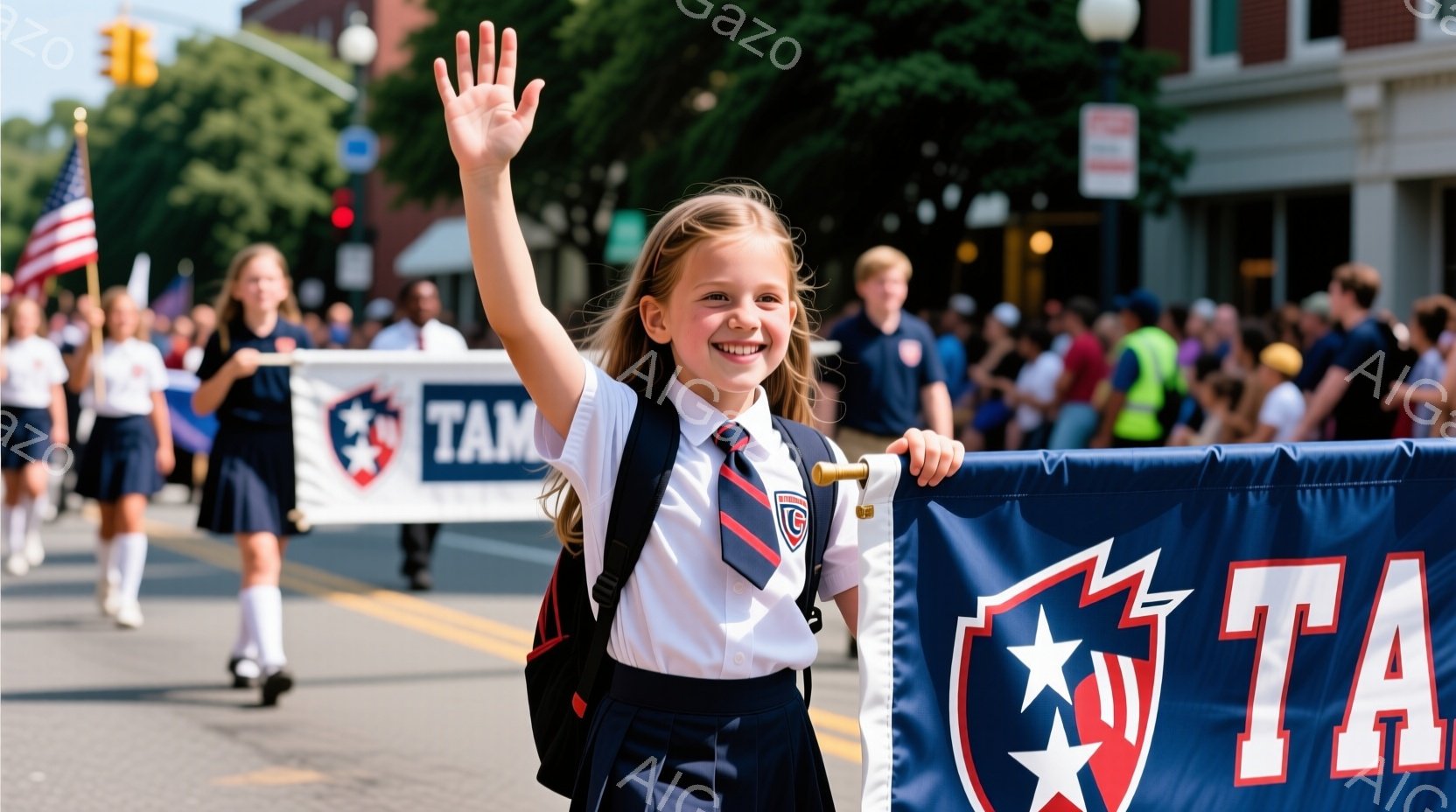少女は紺色のスカートと白いシャツを着て、赤いストライプのネクタイを締めています。彼女は明るく微笑み、片手を上げて、まるでパレードに参加しているようです。背景には建物や人々が見え、晴れた日のイベントの活 - AI生成フリー素材