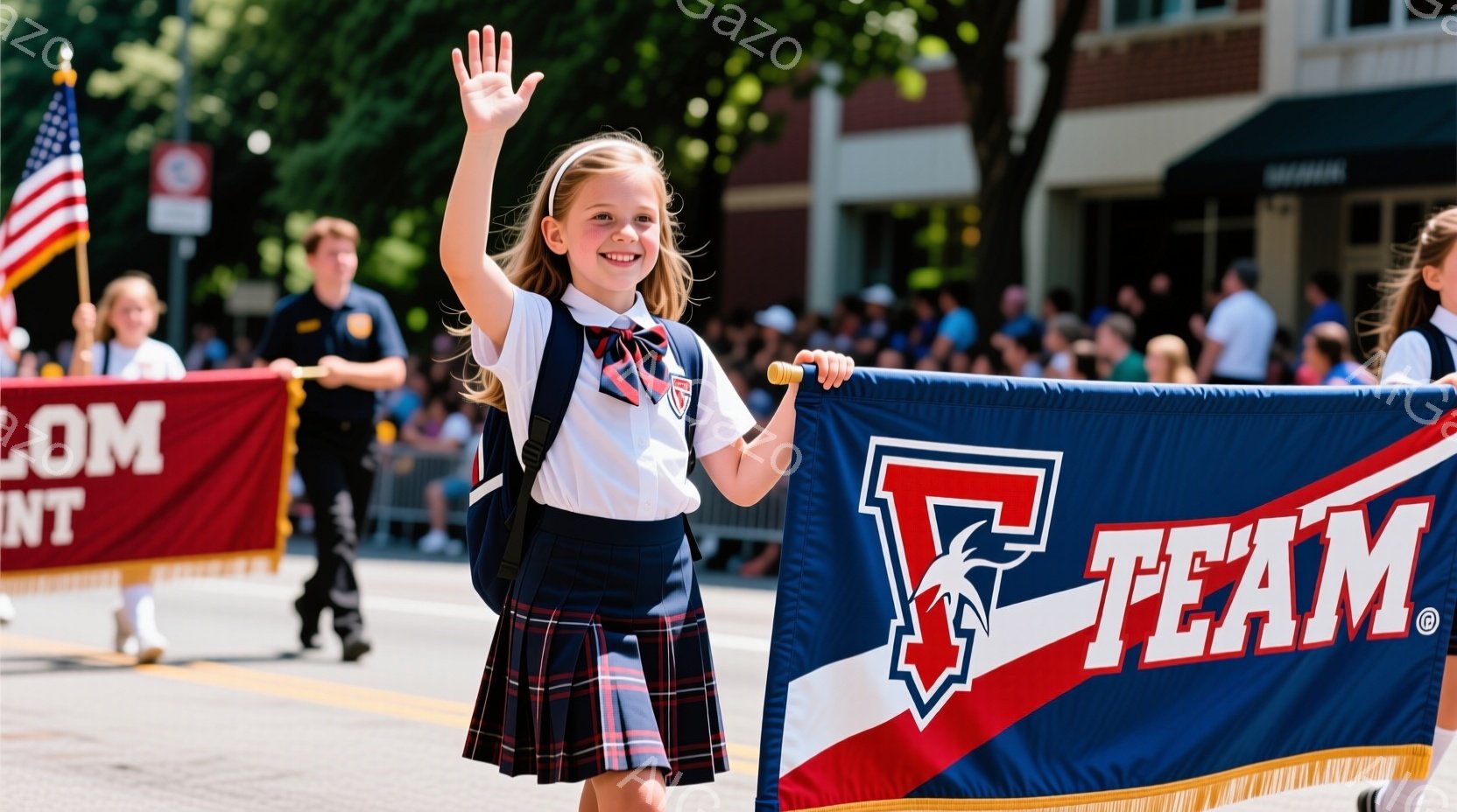 チェック柄のスカートと白いシャツを着た若い女の子が写っています。彼女は片手を上げて笑顔で歩き、おそらくパレードに参加していると思われます。背景には建物や観客が見え、晴天で活気のある雰囲気です。 - AI生成フリー素材