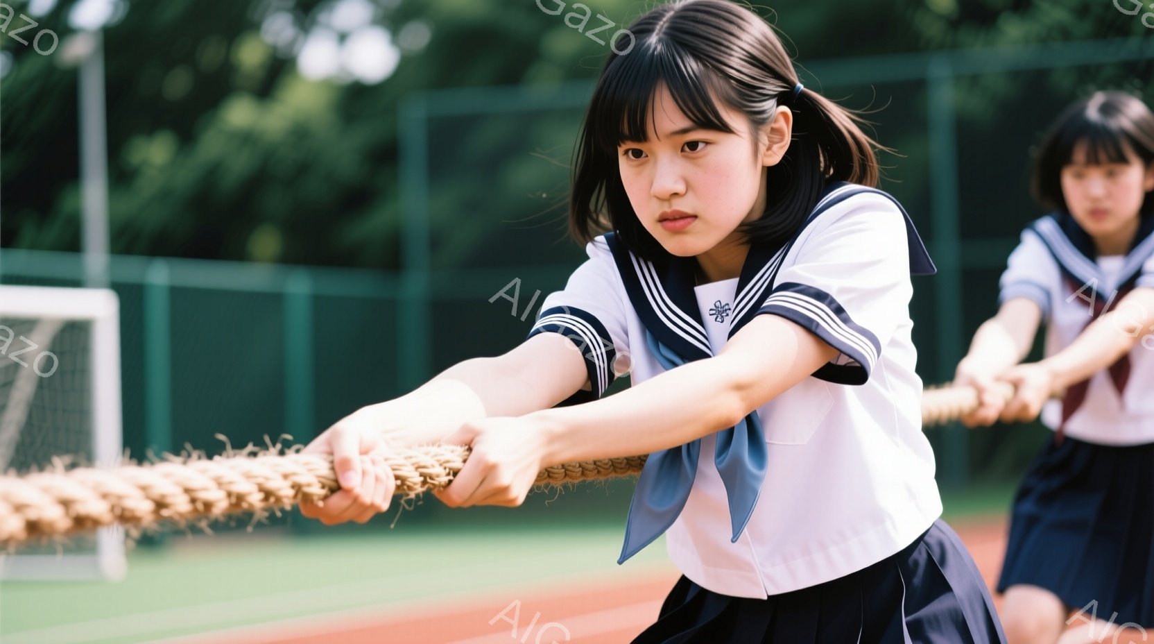 制服姿の女子高生が、力強く綱を引き締めています。彼女は黒髪のショートボブで、集中した表情をしています。背景には赤いトラックと緑のフェンスが見え、晴天の下で運動している様子が伺えます。