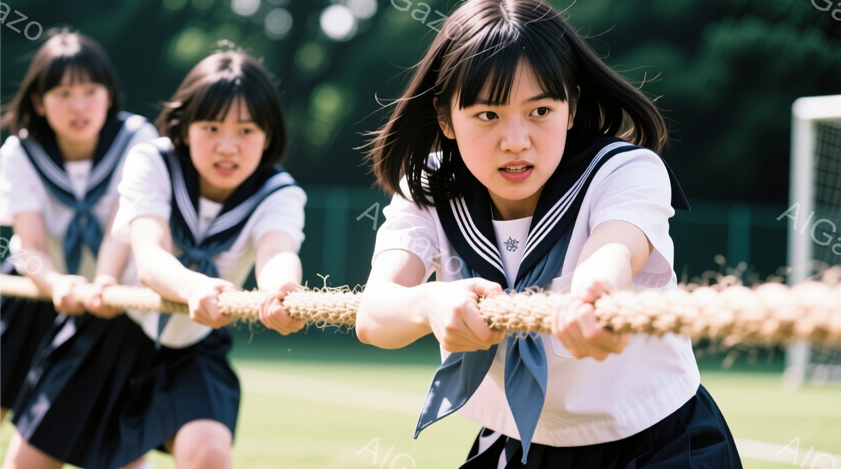 制服を着た女子学生たちが、綱引きの試合に臨んでいる様子が写っている。彼女たちは白いシャツに濃い青色のスカートを着用し、首にネクタイを締めている。顔には真剣な表情が浮かび、力強く綱を引っ張る姿勢は、競技への集中と熱意を表している。