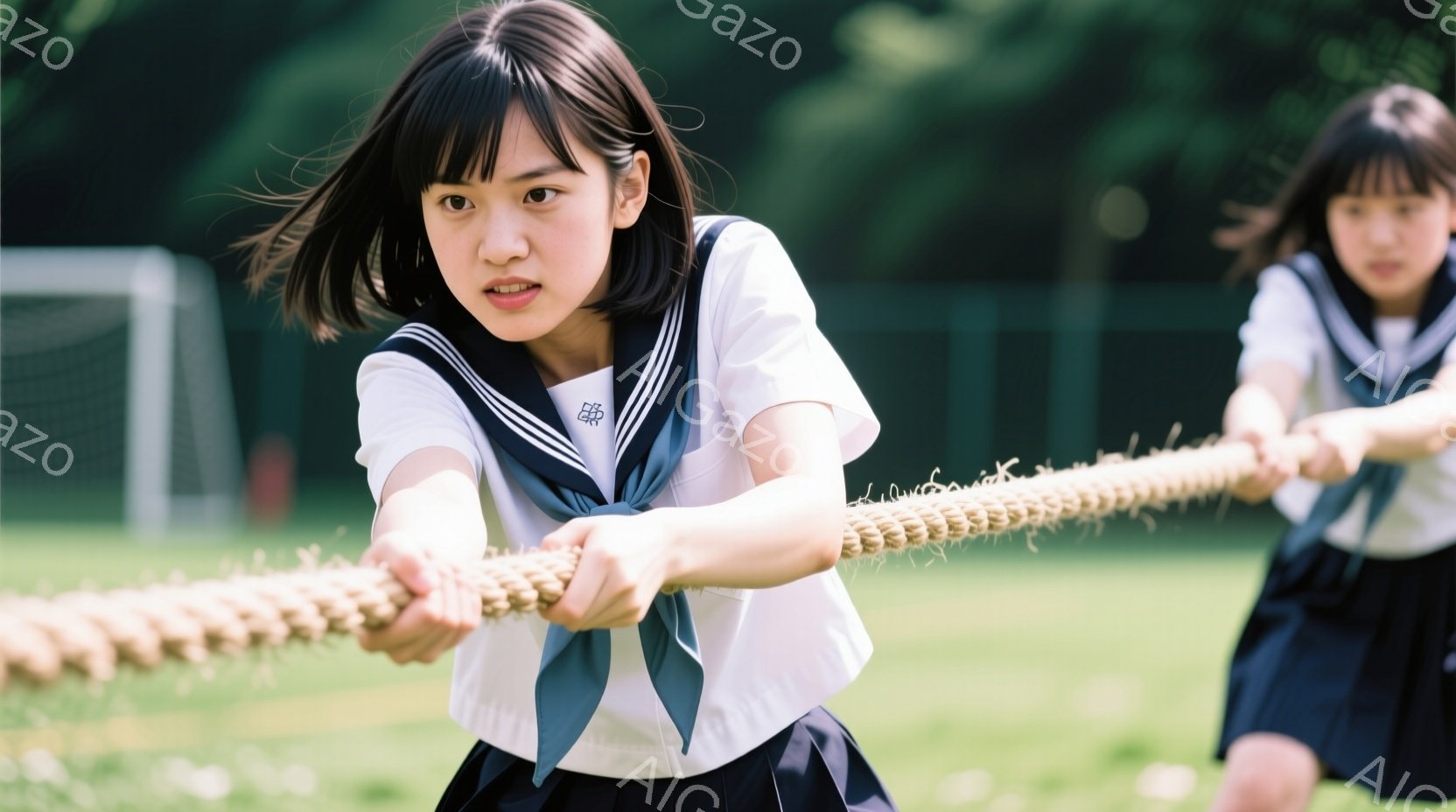 制服を着た若い女性が綱引きのロープを強く引っ張っている姿が写っています。彼女は短い黒髪で、真剣な表情でロープを見つめており、姿勢も力強く、競技に集中している様子が伺えます。背景には緑の芝生と木々が見え、晴れた日の屋外での綱引き大会の様子を表しています。