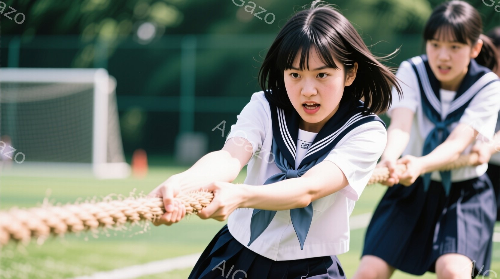 制服姿の女子高生二人が、力強く綱引きをしている様子が写っている。彼女たちは短い髪で、真剣な表情で綱を引っ張っており、競技に集中していることがわかる。背景には緑の芝生とサッカーゴールが見え、晴天の下、活 - AI生成フリー素材