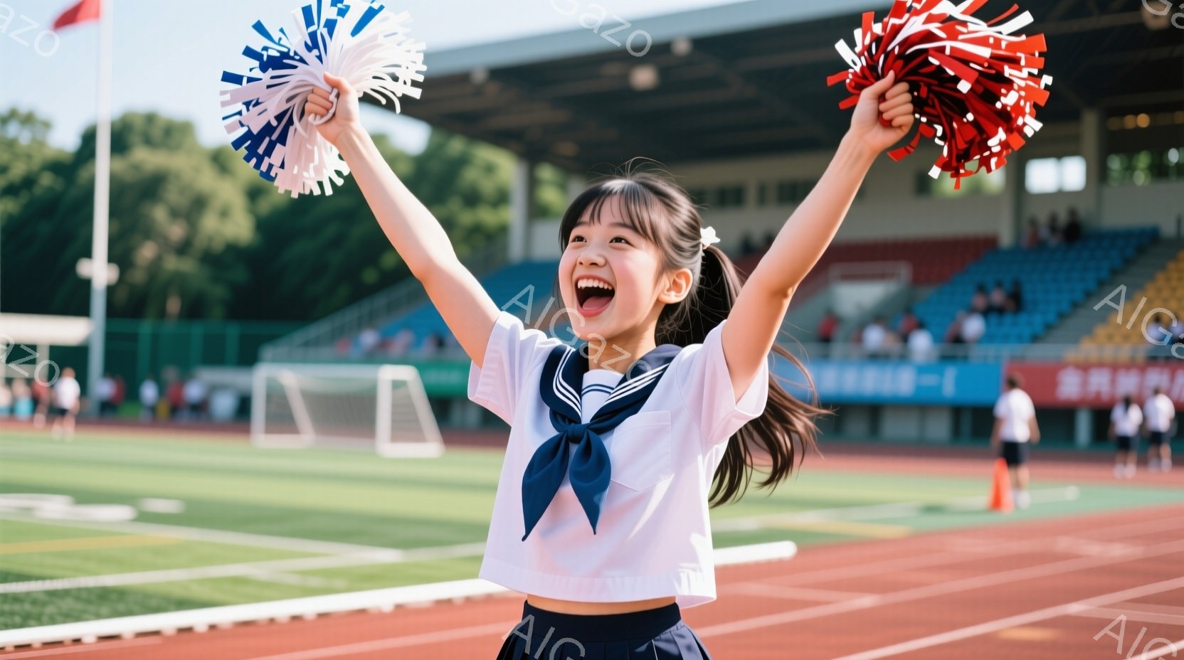 少女は運動場で両手を高く上げ、ポンポンを持って笑顔でジャンプしています。紺色のリボンと白のブラウス、プリーツスカートという制服姿で、活気に満ちた表情をしています。背景には緑のフィールド、赤いトラック、そして観客席が見え、晴天の下、明るい雰囲気が漂っています。