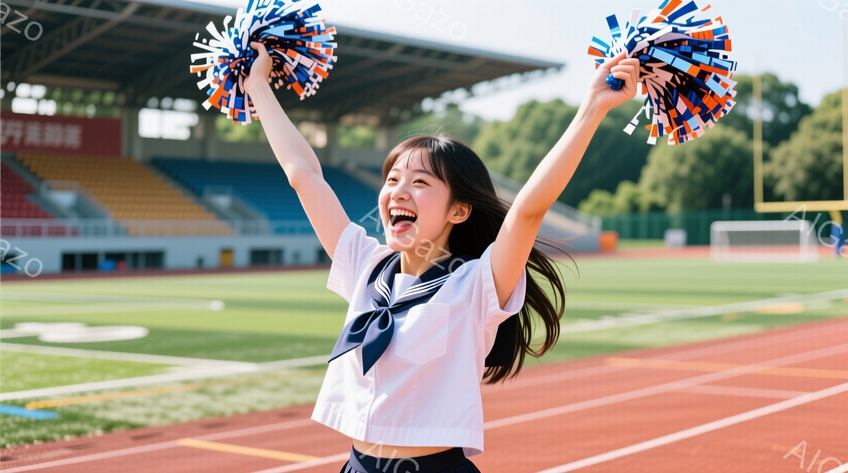 金髪の少女が競技場のトラック上で両手を高く上げ、チアリーディングのポンポンを振っています。白いブラウスにネイビーのリボンとスカートを着ており、明るい笑顔で喜びを表現しています。背景には緑の芝生と観客席 - AI生成フリー素材