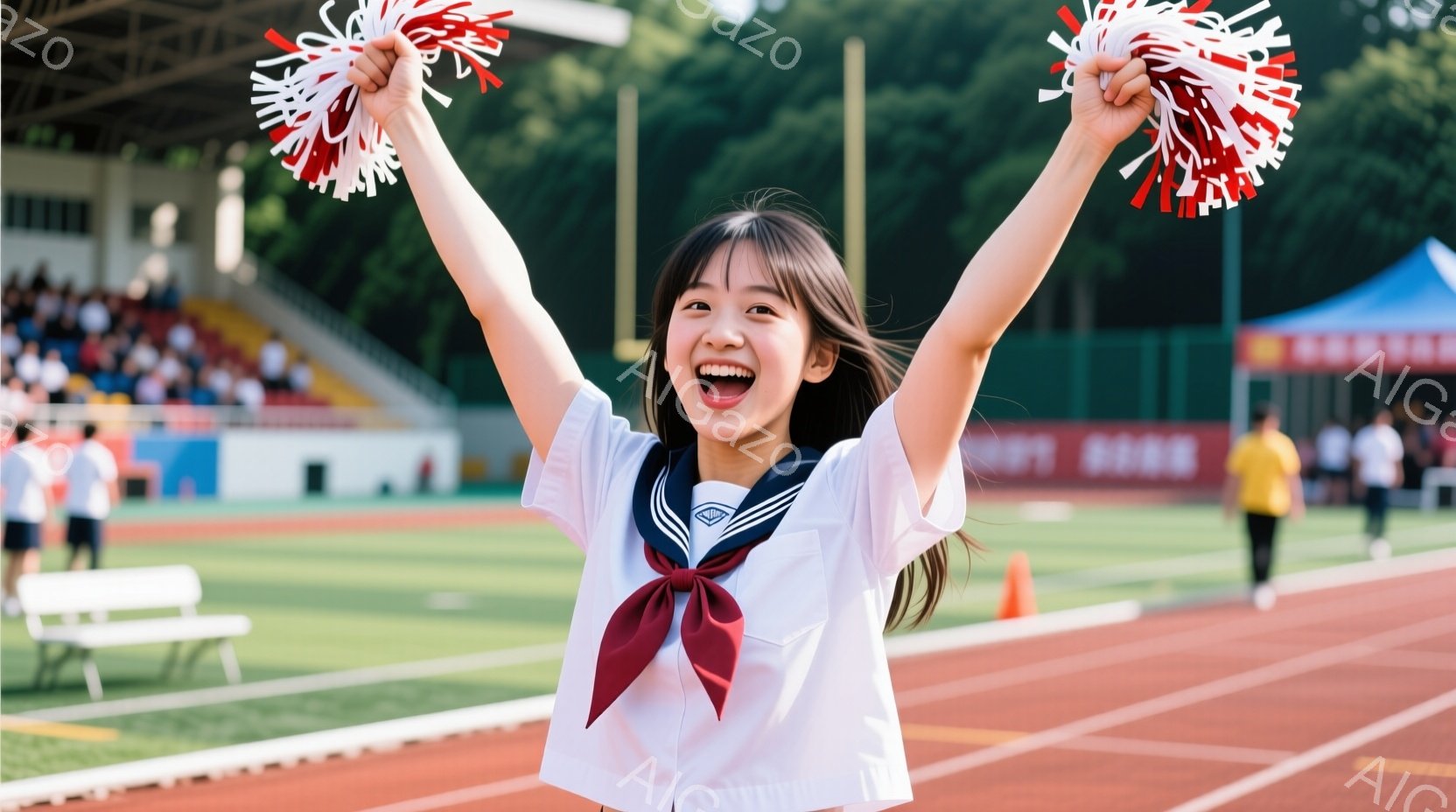 少女は、赤いトラックの上で両手を高く上げ、笑顔を見せています。彼女は白いブラウスに紺色のリボンとネクタイを着用し、長い黒髪をしています。背景には観客席や緑豊かな風景が見え、晴れた日の運動会の活気ある雰囲気が伝わってきます。