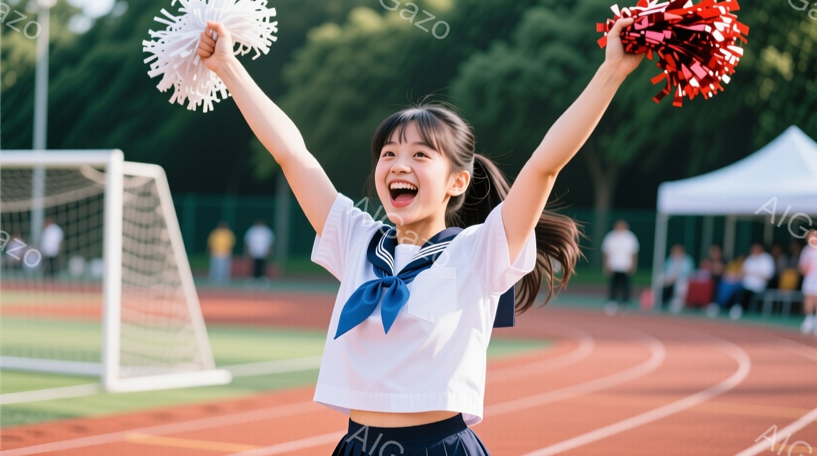 女性が歓迎し、目を細めにする表情。白いユニフォームのトップスポンサー名の代わりに、赤と白のpom pomを手に持つ。運動場には人々が座っており、日暮れが起こっている。